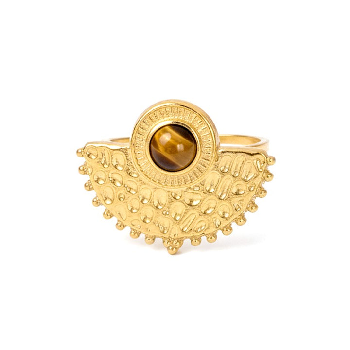 Bague acier inoxydable soleil pierres naturelles œil de tigre