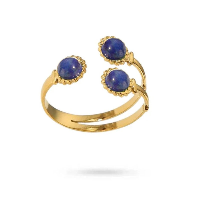 Bague pour femme acier inoxydable trois pierres naturelles lapis lazuli