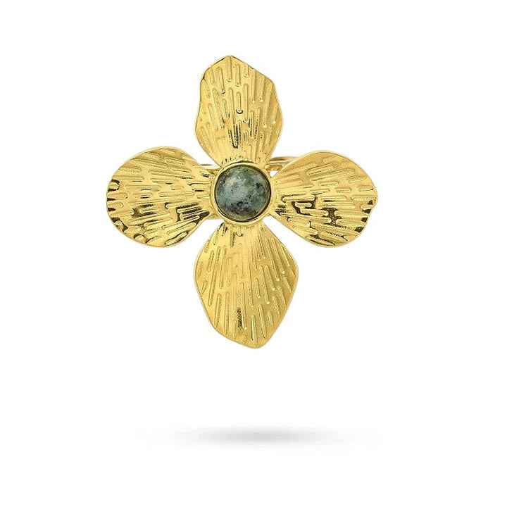 Bagues pour femme fleur acier inoxydable pierre naturelle jaspe