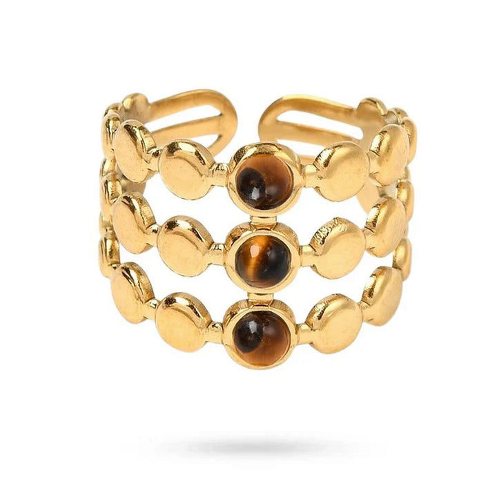 Bagues pour femme acier inoxydable trois pierres naturelles œil de tigre