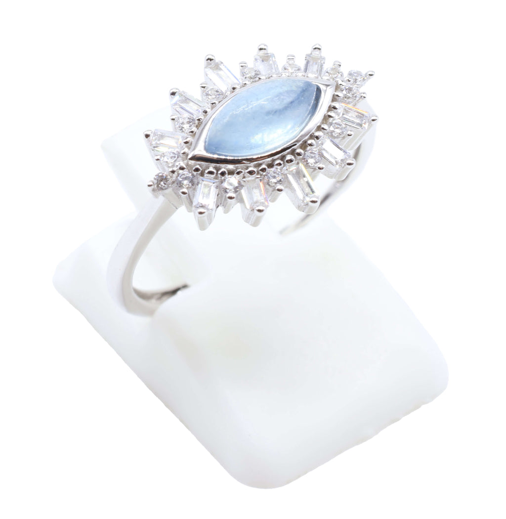 Bague Argent 925 'Oeil Solaire' - Aigue Marine - Plaqué Platine - Taille Réglable