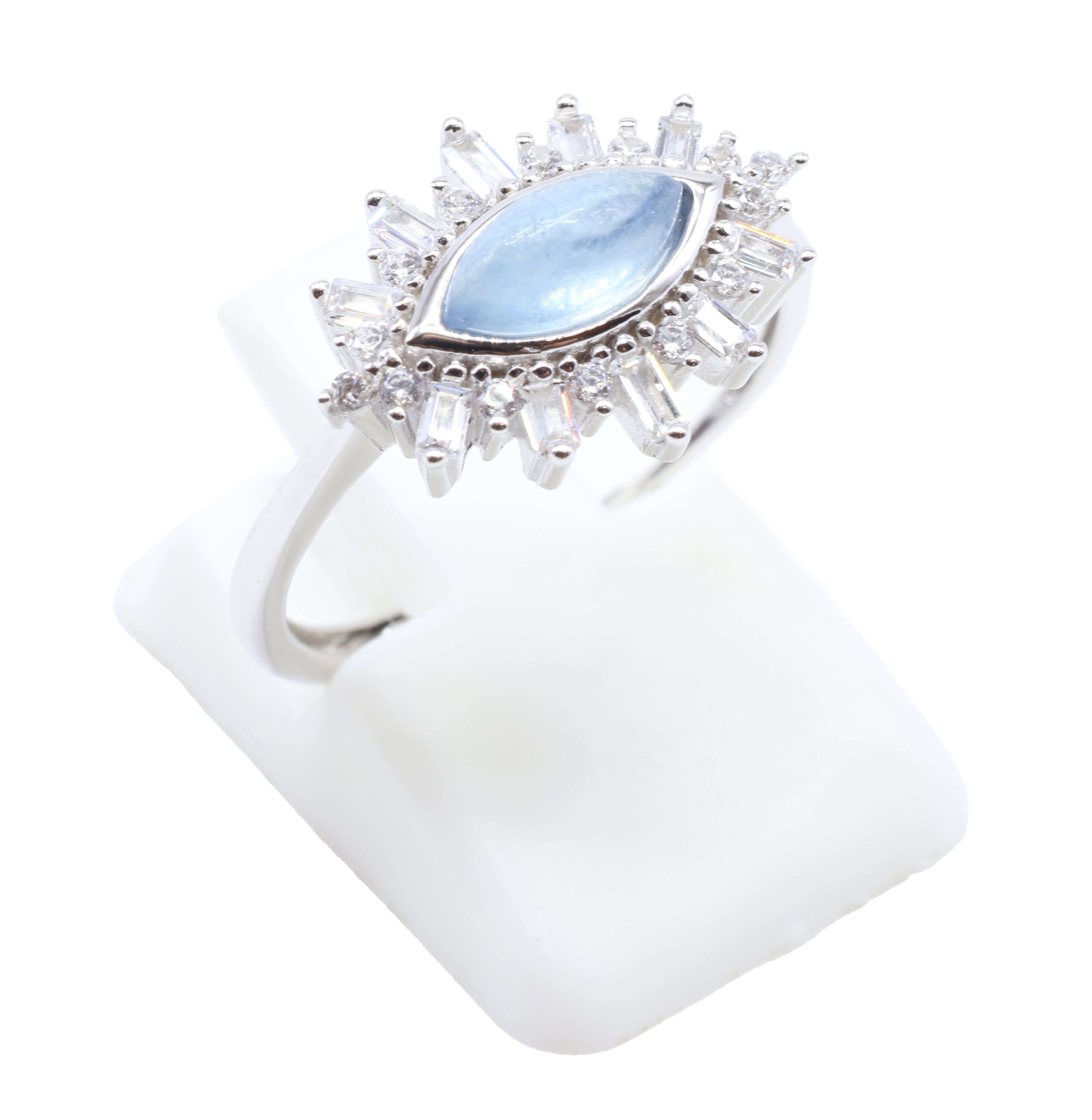 Bague Argent 925 'Oeil Solaire' - Aigue Marine - Plaqué Platine - Taille Réglable