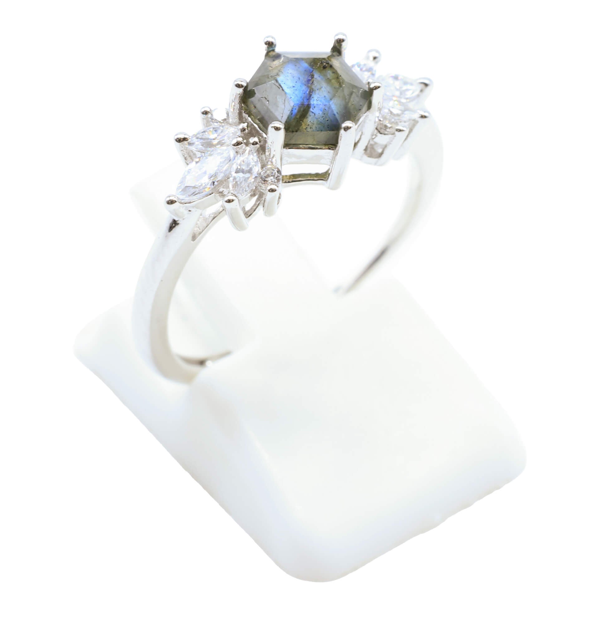 Bague Argent 925 'Flocon d'Argent' - Labradorite - Plaqué Platine - Taille Réglable