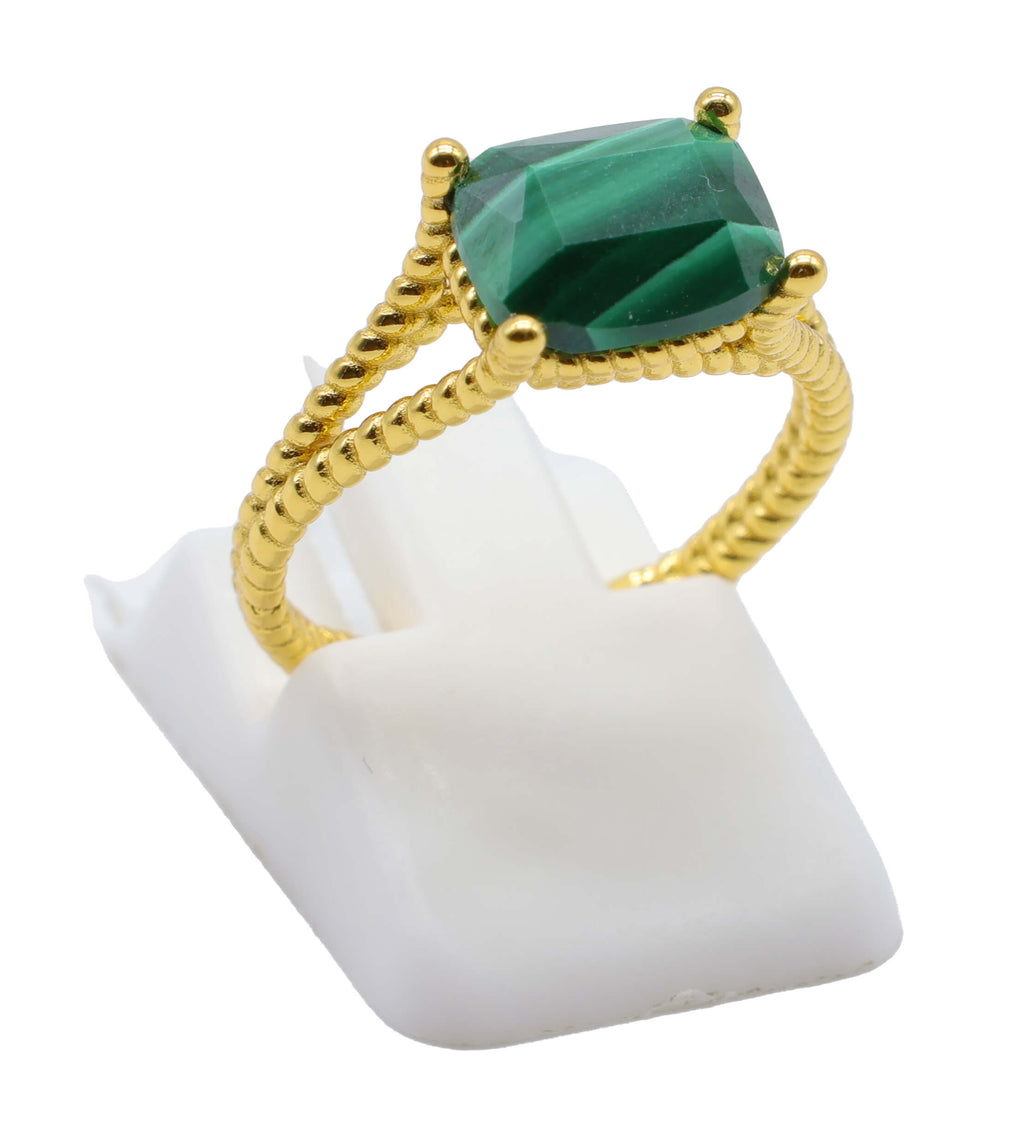 Bague Argent 925 Malachite Rectangle - Plaquage Or - Taille Universelle