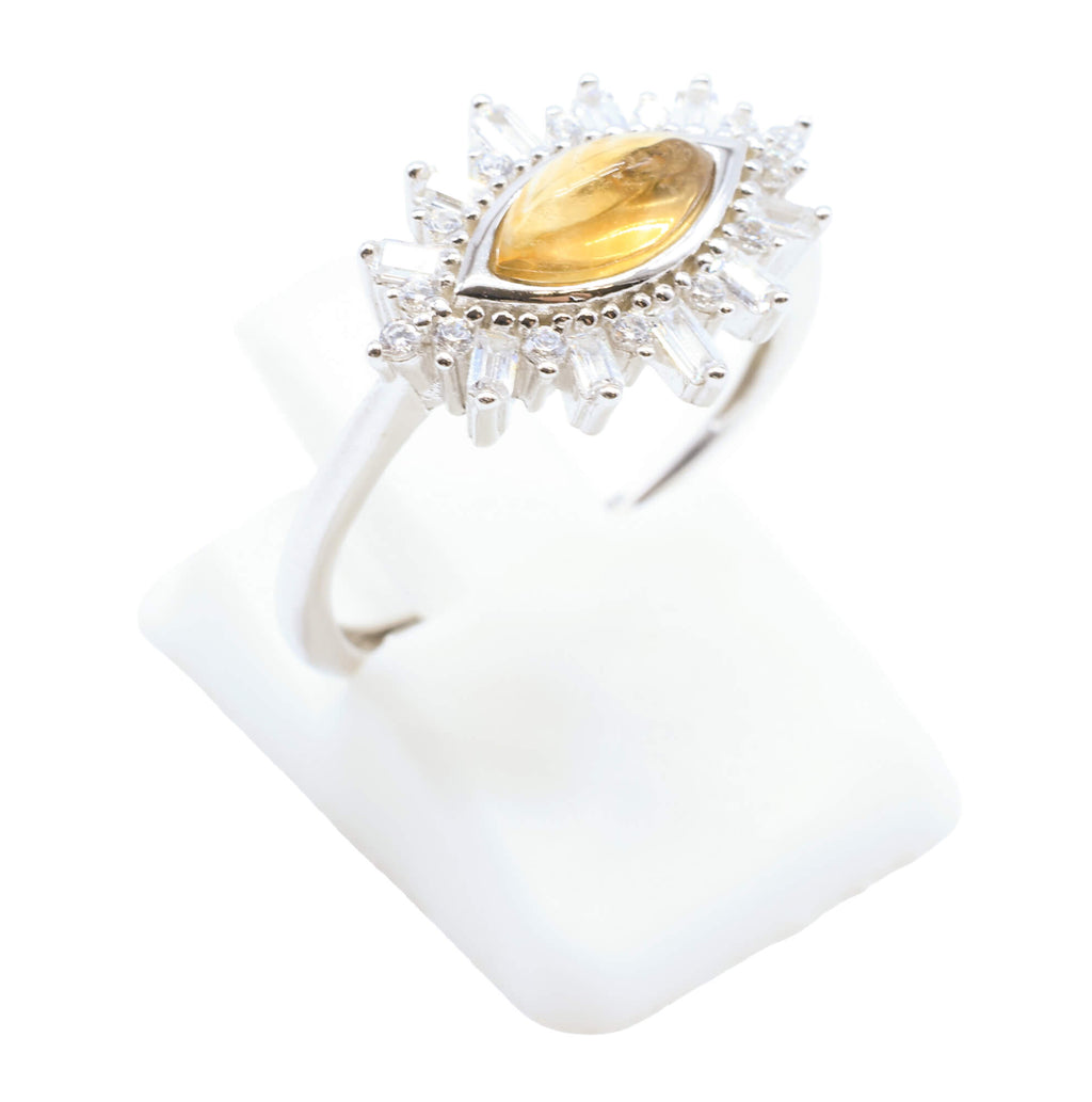 Bague Argent 925 'Oeil Solaire' - Citrine - Plaqué Platine - Taille Réglable