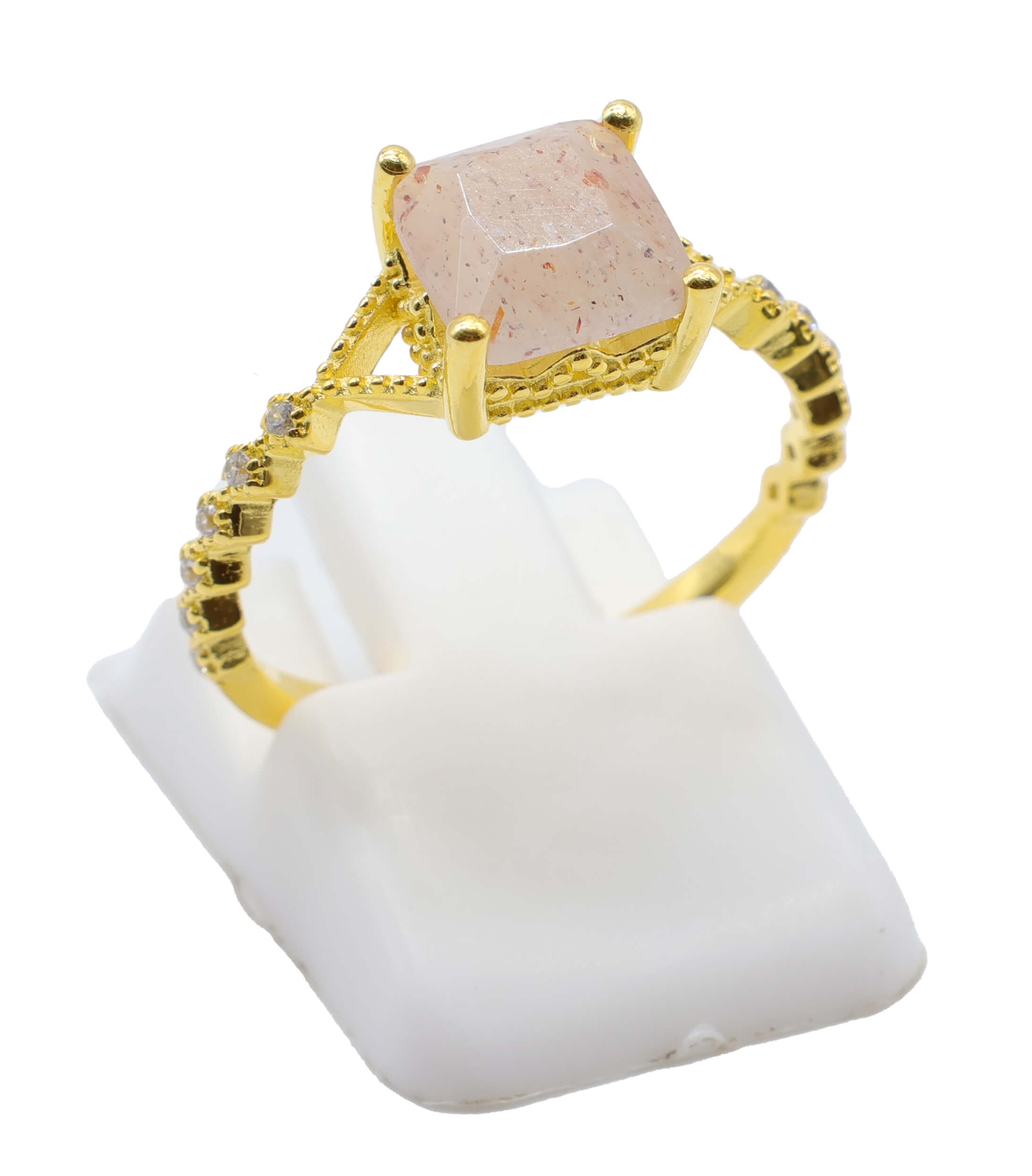 Bague Argent 925 Pierre de Soleil Carrée - Plaquage Or - Taille Universelle