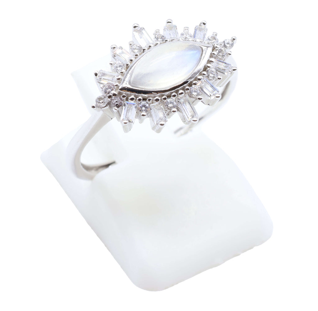 Bague Argent 925 'Oeil Solaire' - Pierre de Lune - Plaqué Platine - Taille Réglable