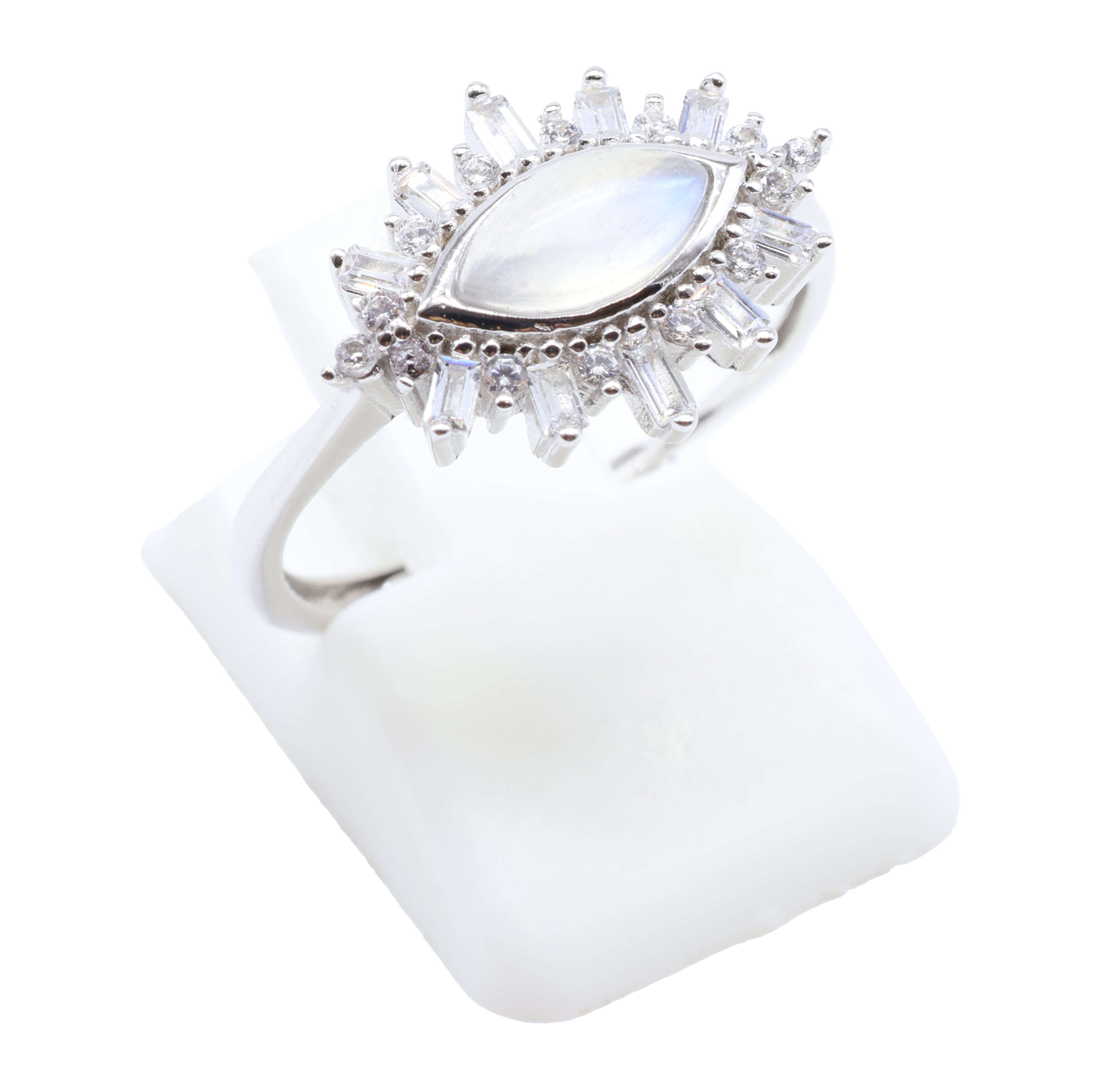 Bague Argent 925 'Oeil Solaire' - Pierre de Lune - Plaqué Platine - Taille Réglable