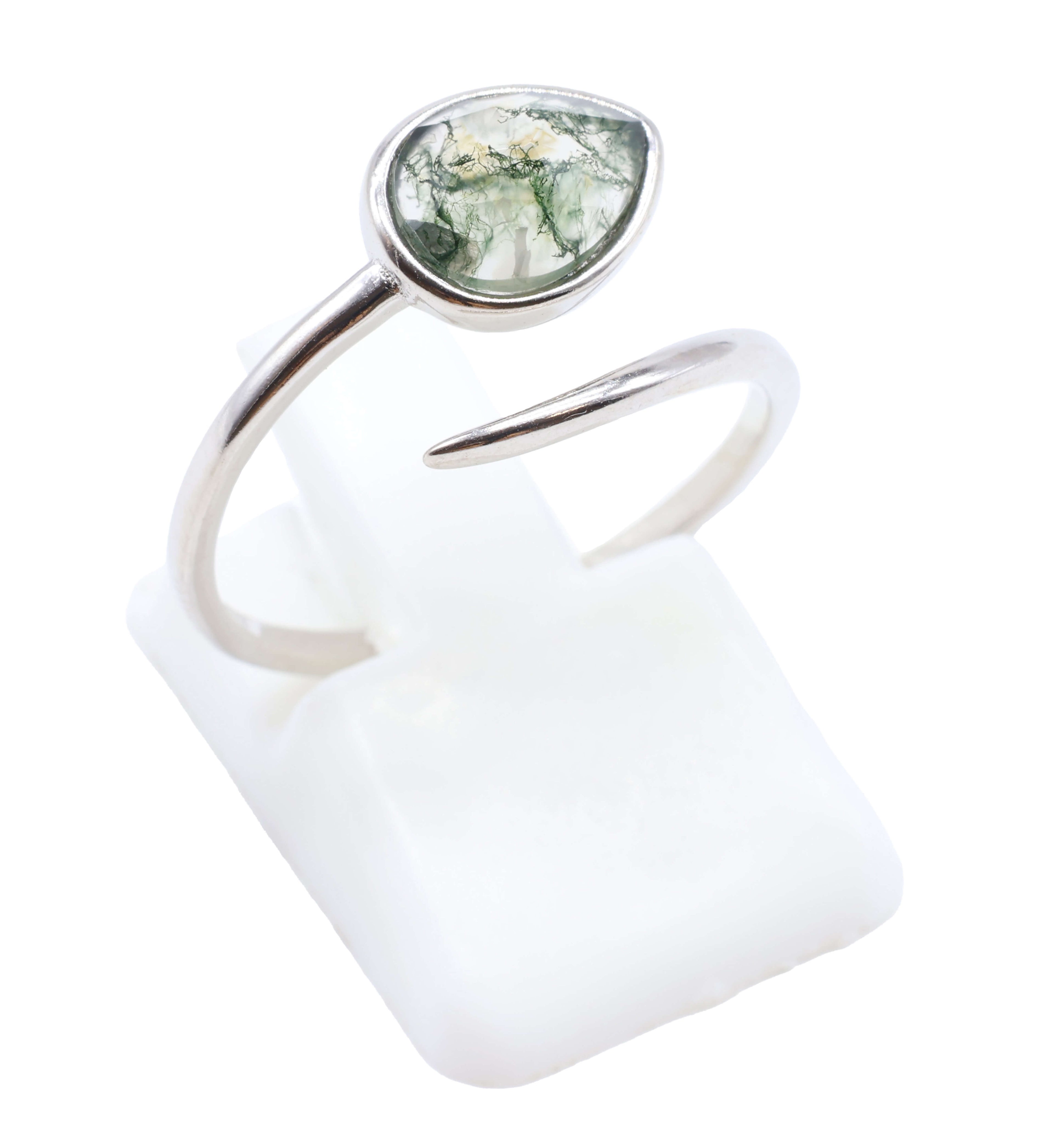 Bague Argent 925 'Serpent Argenté' - Agate Mousse - Plaqué Platine - Taille Réglable