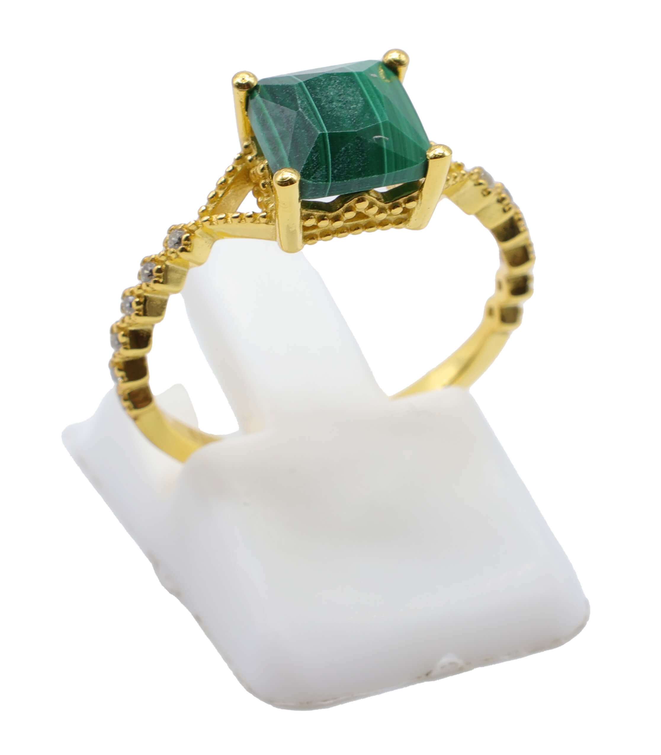 Bague Argent 925 Malachite Carrée - Plaquage Or - Taille Universelle