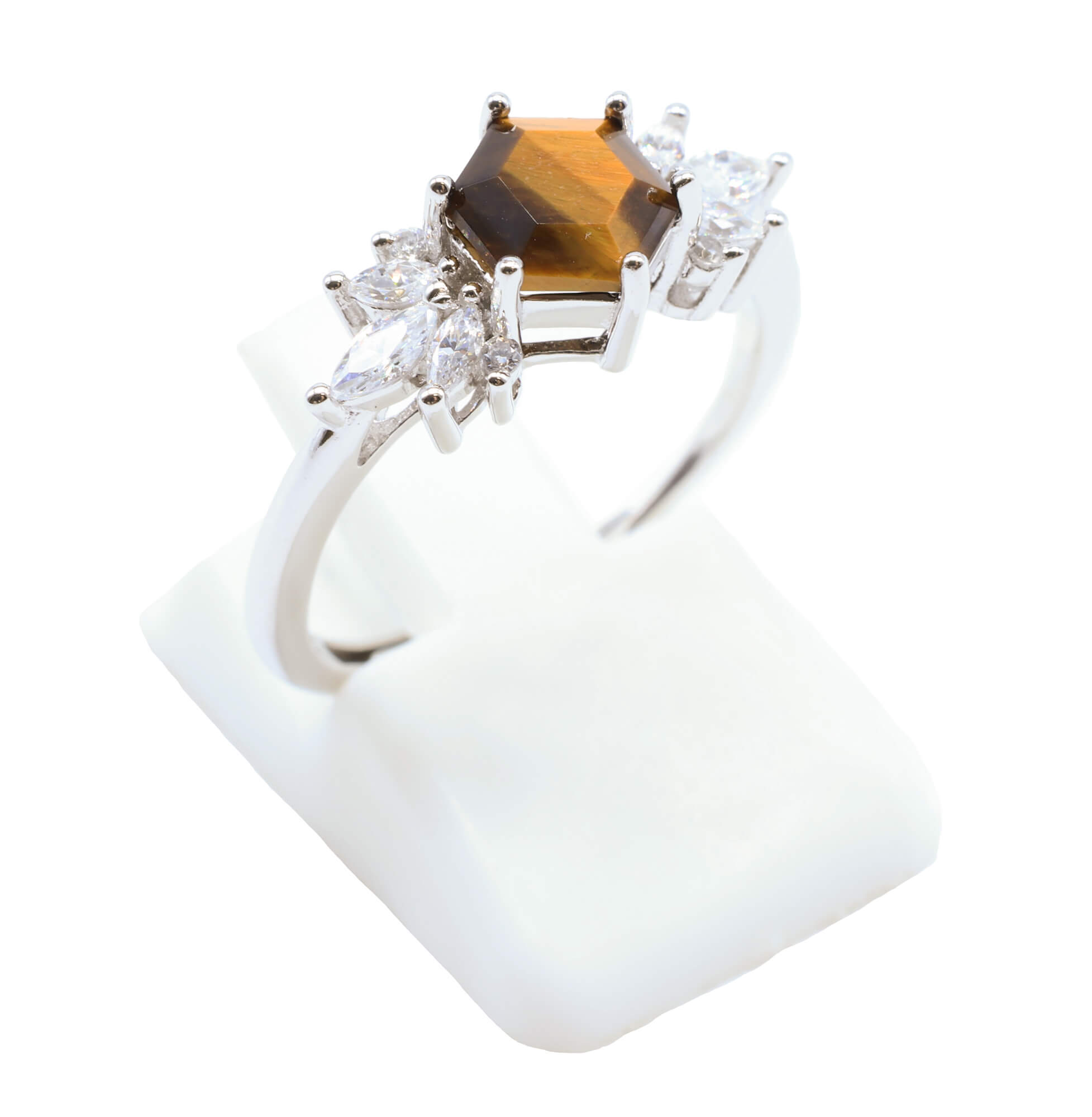 Bague Argent 925 'Flocon d'Argent' - Oeil de Tigre - Plaqué Platine - Taille Réglable