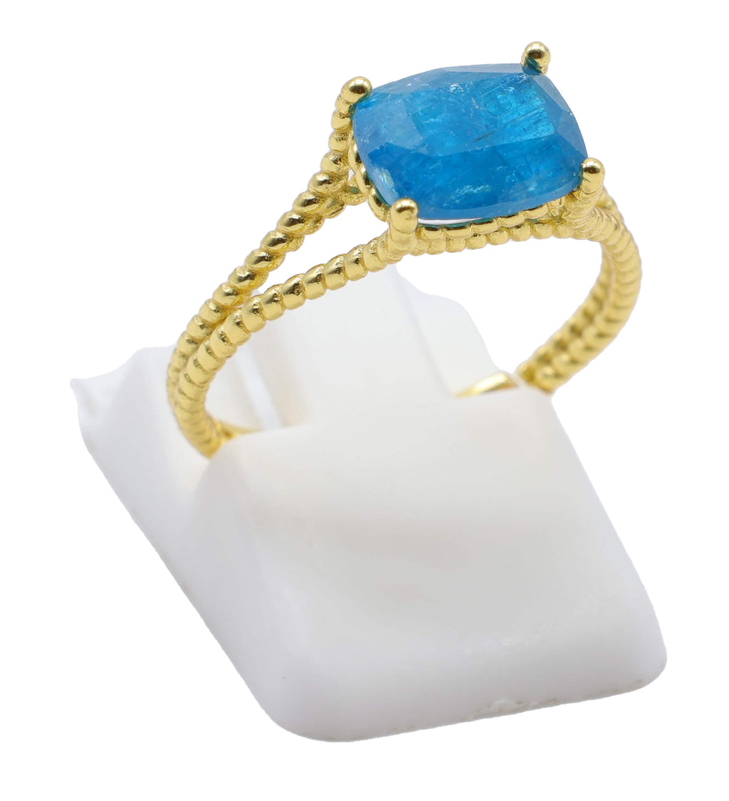 Bague Argent 925 Apatite Rectangle - Plaquage Or - Taille Universelle