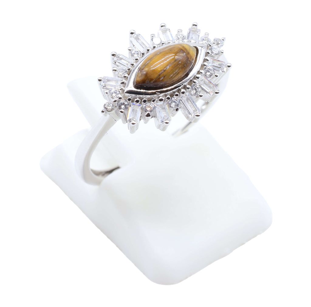 Bague Argent 925 'Oeil Solaire' - Oeil de Tigre - Plaqué Platine - Taille Réglable