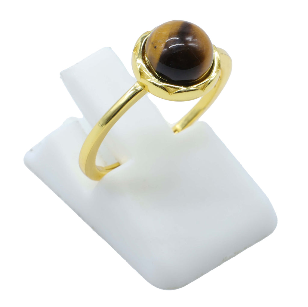 Bague Argent 925 Oeil de Tigre Ronde - Plaquage Or - Taille Universelle