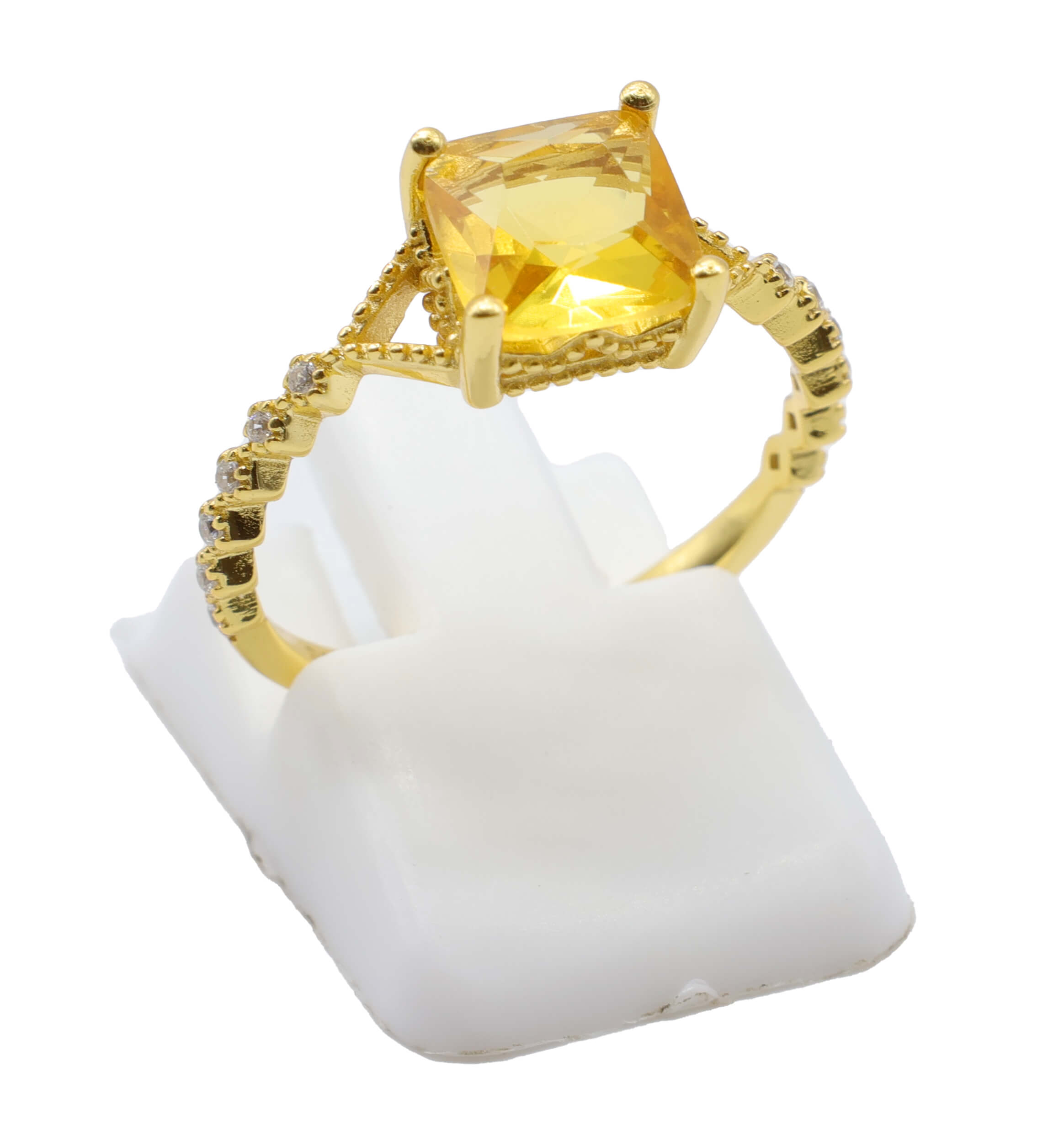 Bague Argent 925 Citrine Naturelle Carrée - Plaquage Or - Taille Universelle