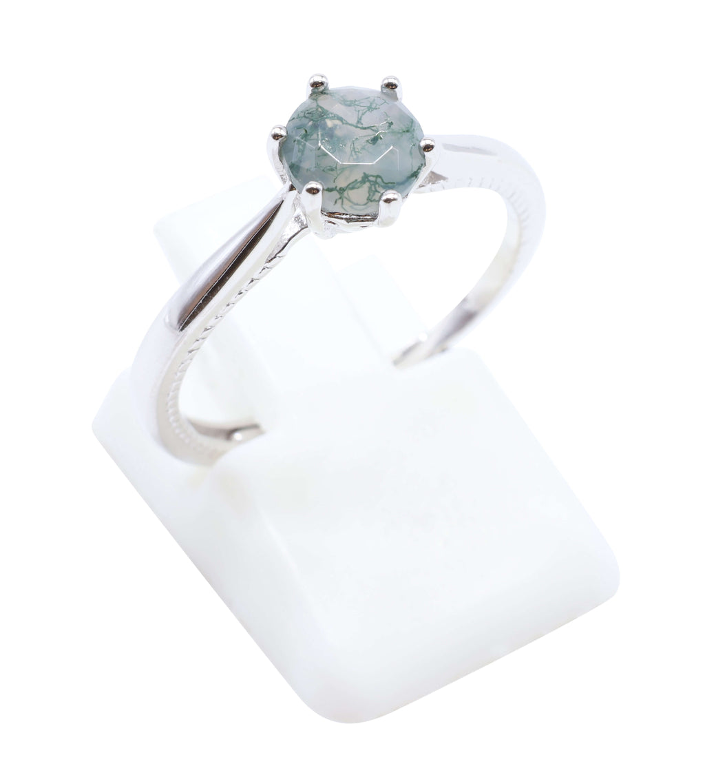 Bague Argent 925 'Rond Sublime' - Agate Mousse - Plaqué Platine - Taille Réglable