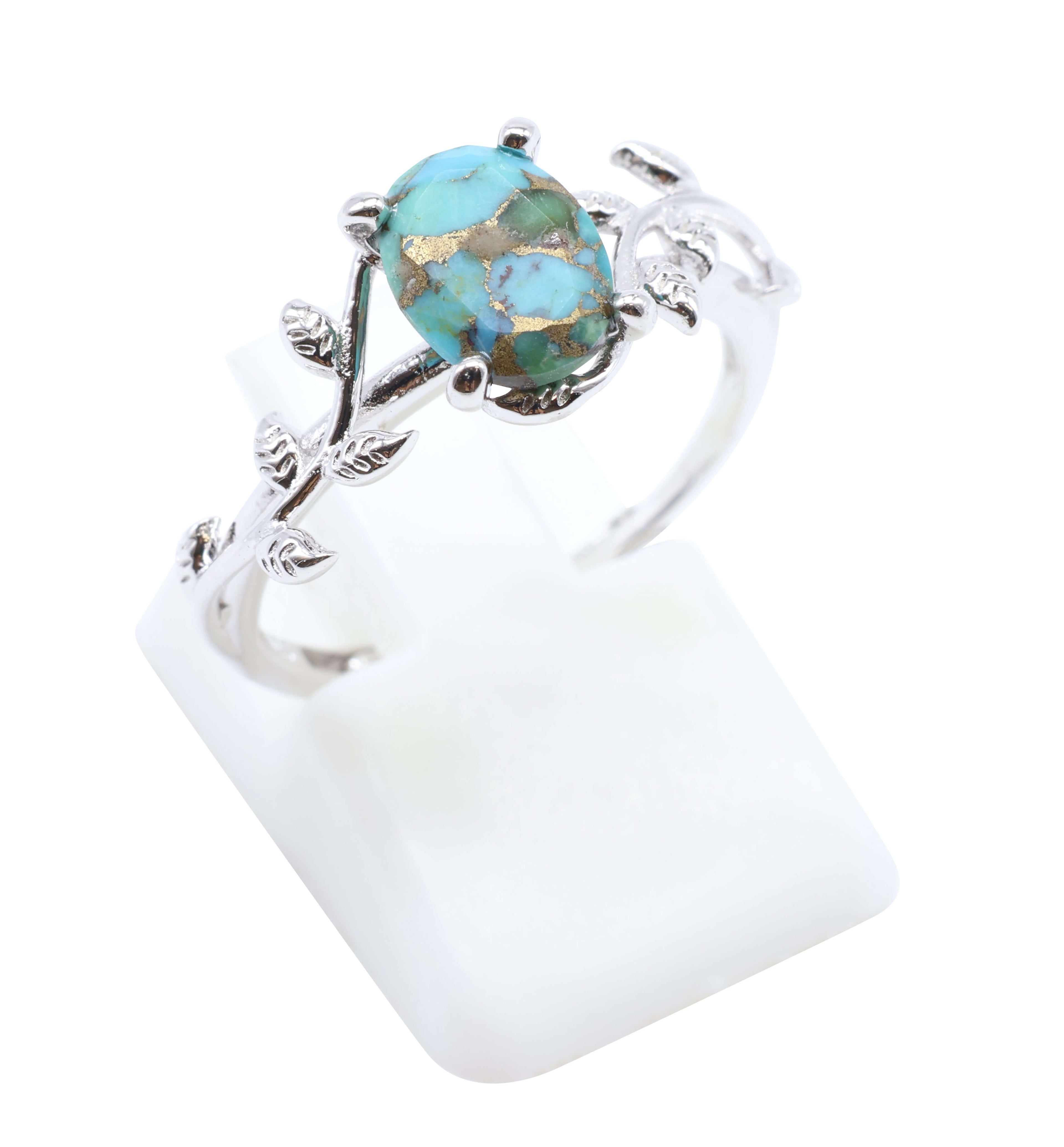 Bague Argent 925 'Murmure de Laurier' - Turquoise - Plaqué Platine - Taille Réglable