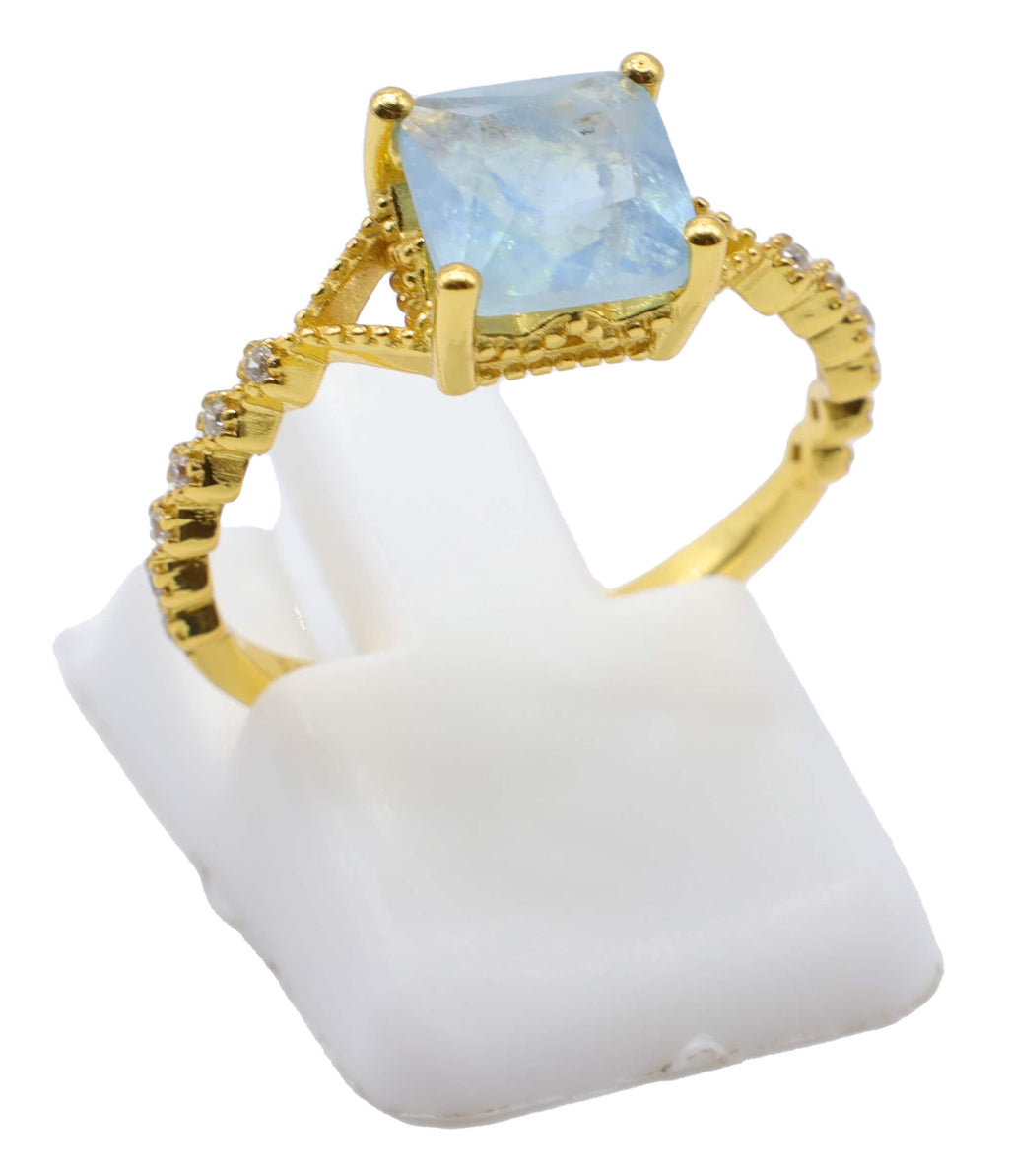 Bague Argent 925 Aigue Marine Carrée - Plaquage Or - Taille Universelle
