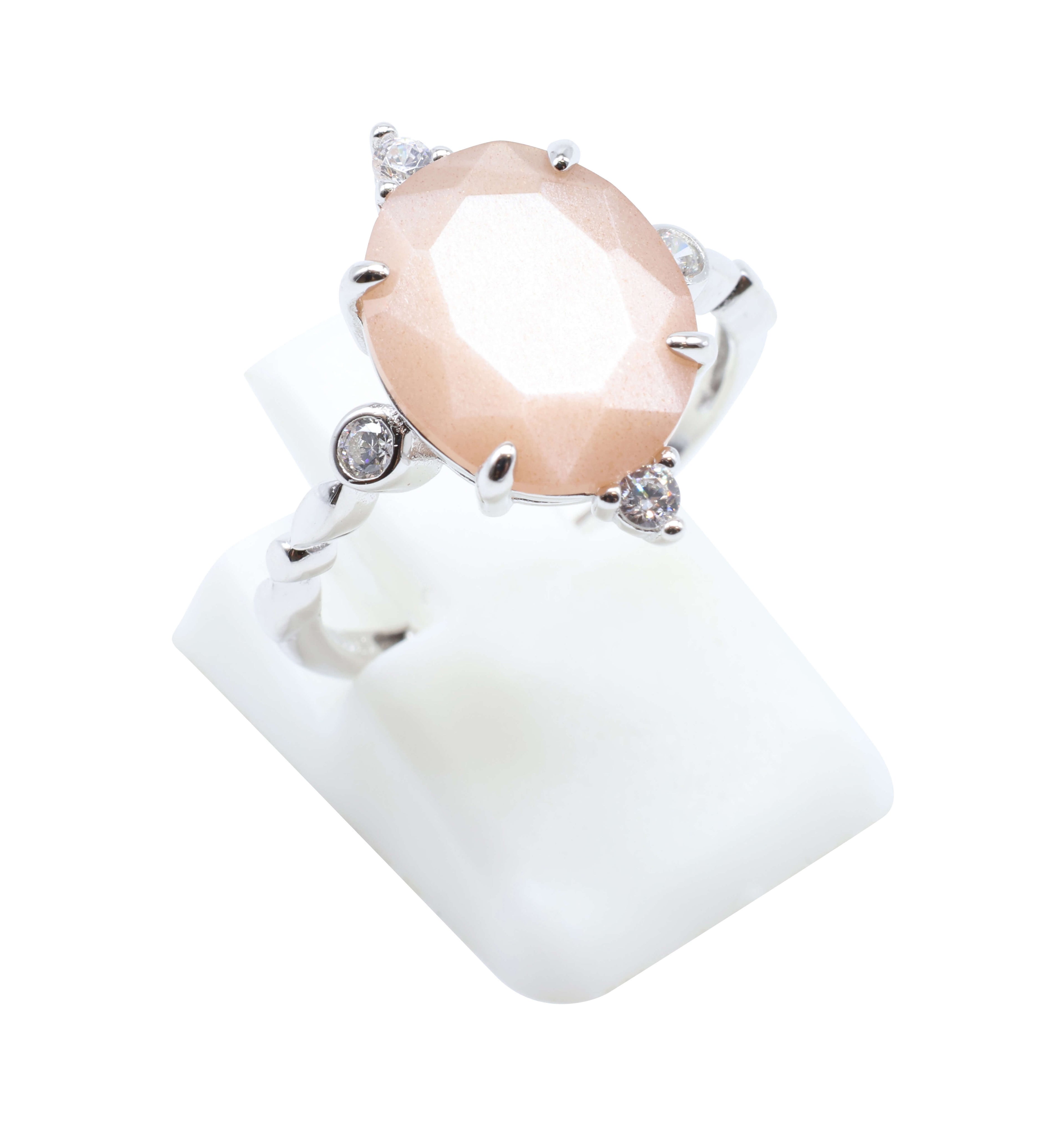 Bague Argent 925 Pierre de Soleil Ovale Impérial - Plaqué Platine - Taille Réglable