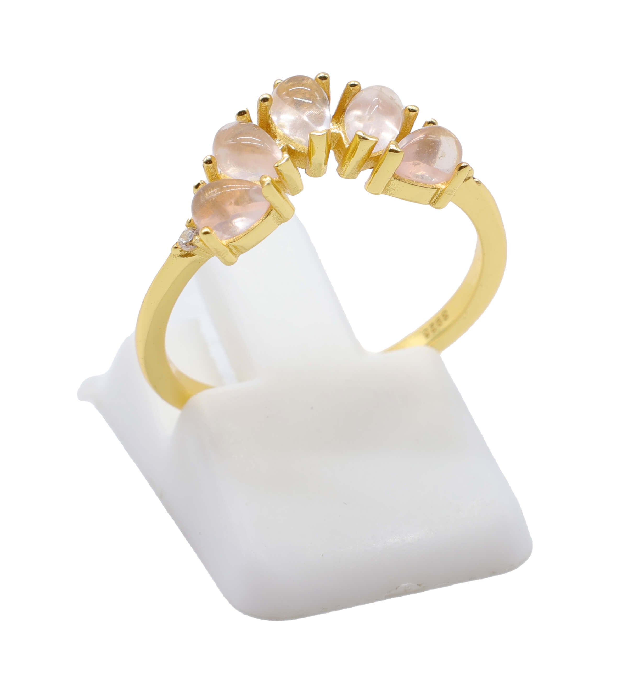 Bague Argent 925 Quartz Rose Diadème - Plaquage Or - Taille Universelle