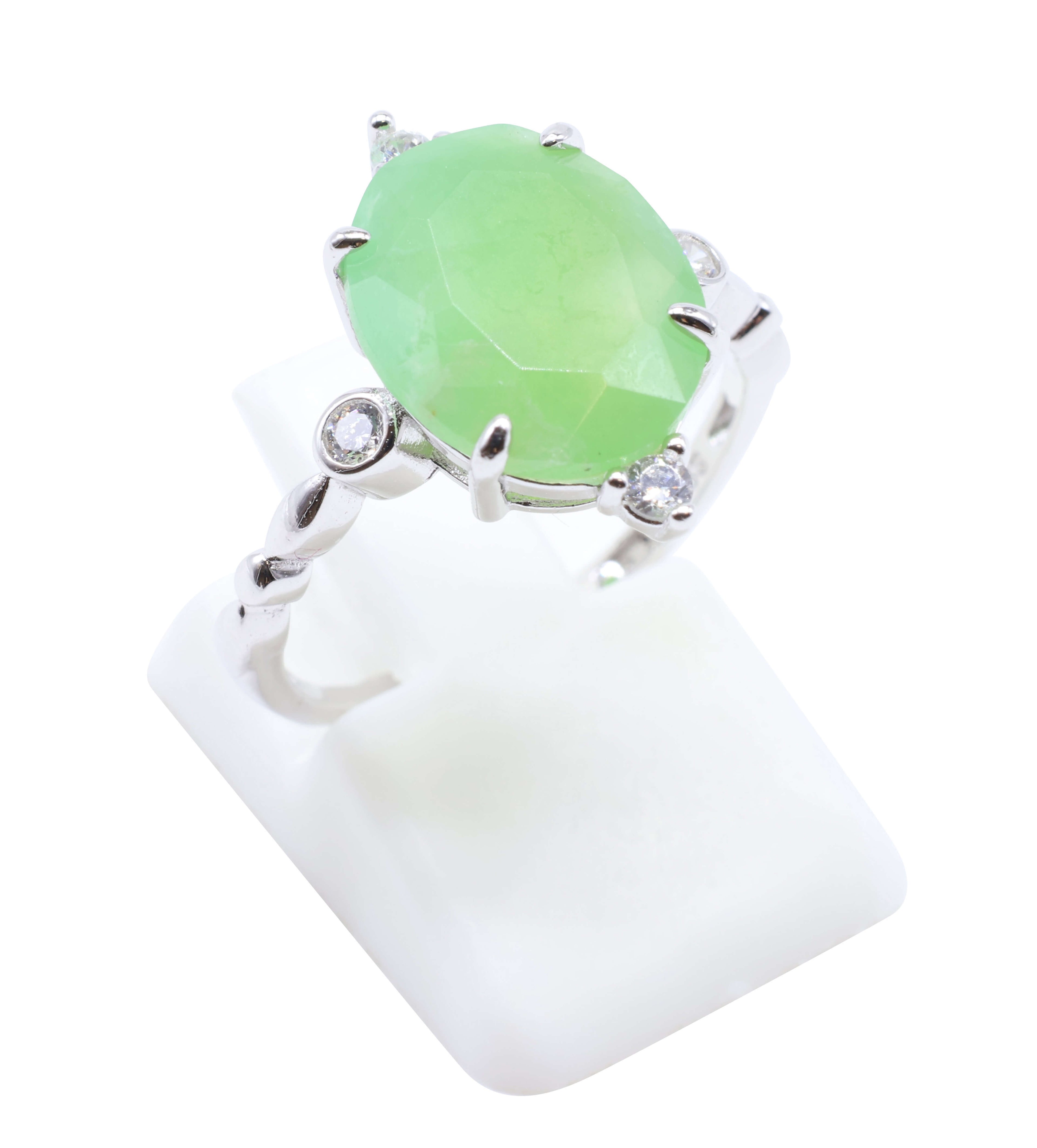 Bague Argent 925 Jade Vert Ovale Impérial - Plaqué Platine - Taille Réglable