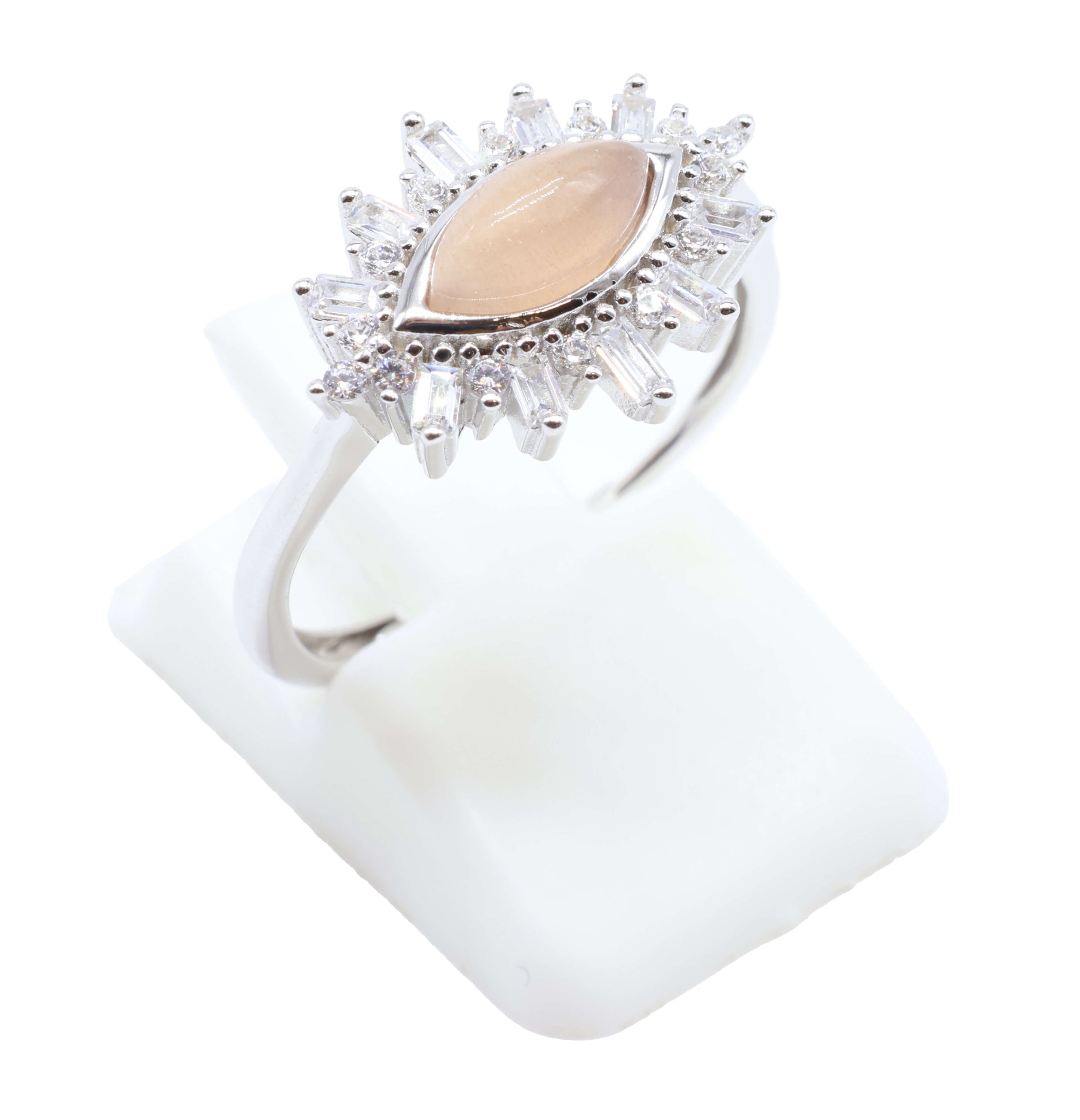 Bague Argent 925 'Oeil Solaire' - Pierre de Soleil - Plaqué Platine - Taille Réglable