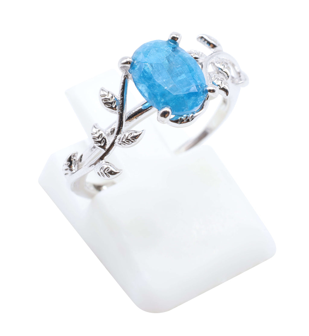 Bague Argent 925 'Murmure de Laurier' - Apatite - Plaqué Platine - Taille Réglable