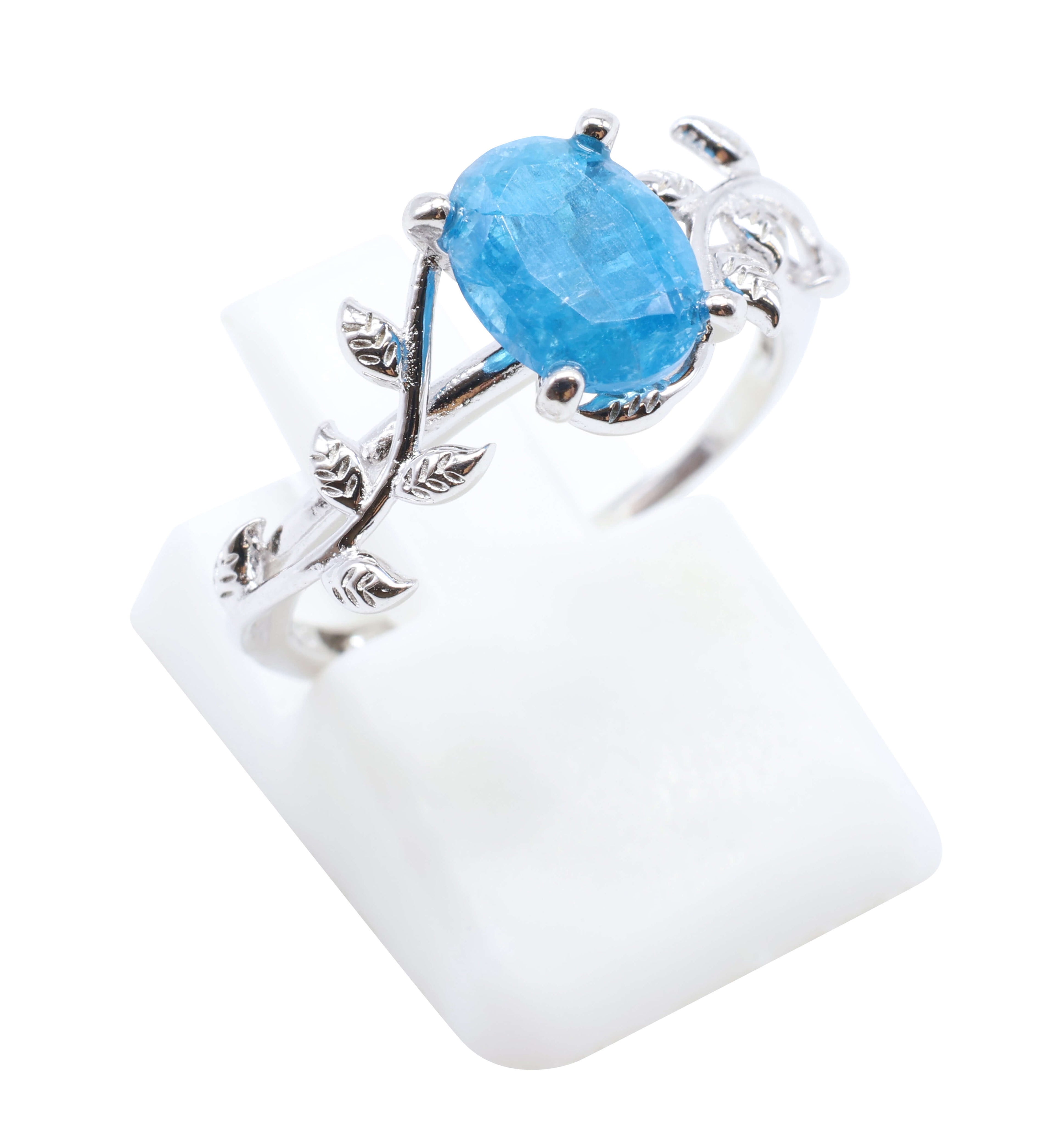 Bague Argent 925 'Murmure de Laurier' - Apatite - Plaqué Platine - Taille Réglable