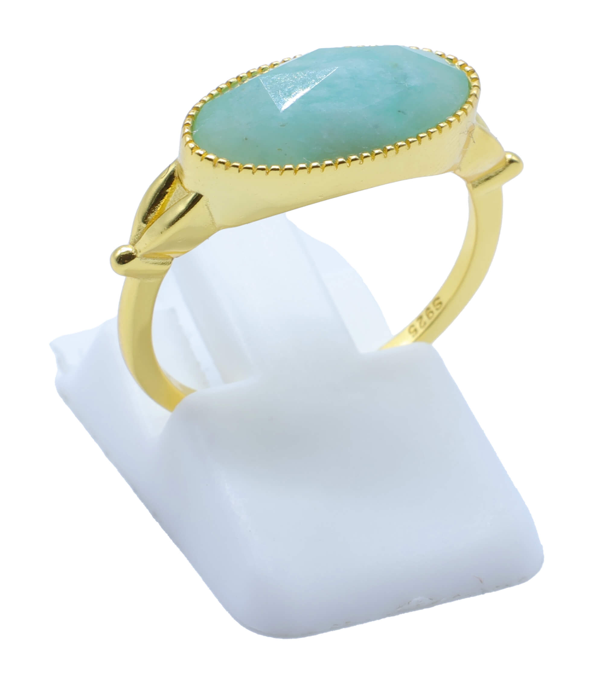 Bague Argent 925 Amazonite Ovale - Plaquage Or - Taille Universelle