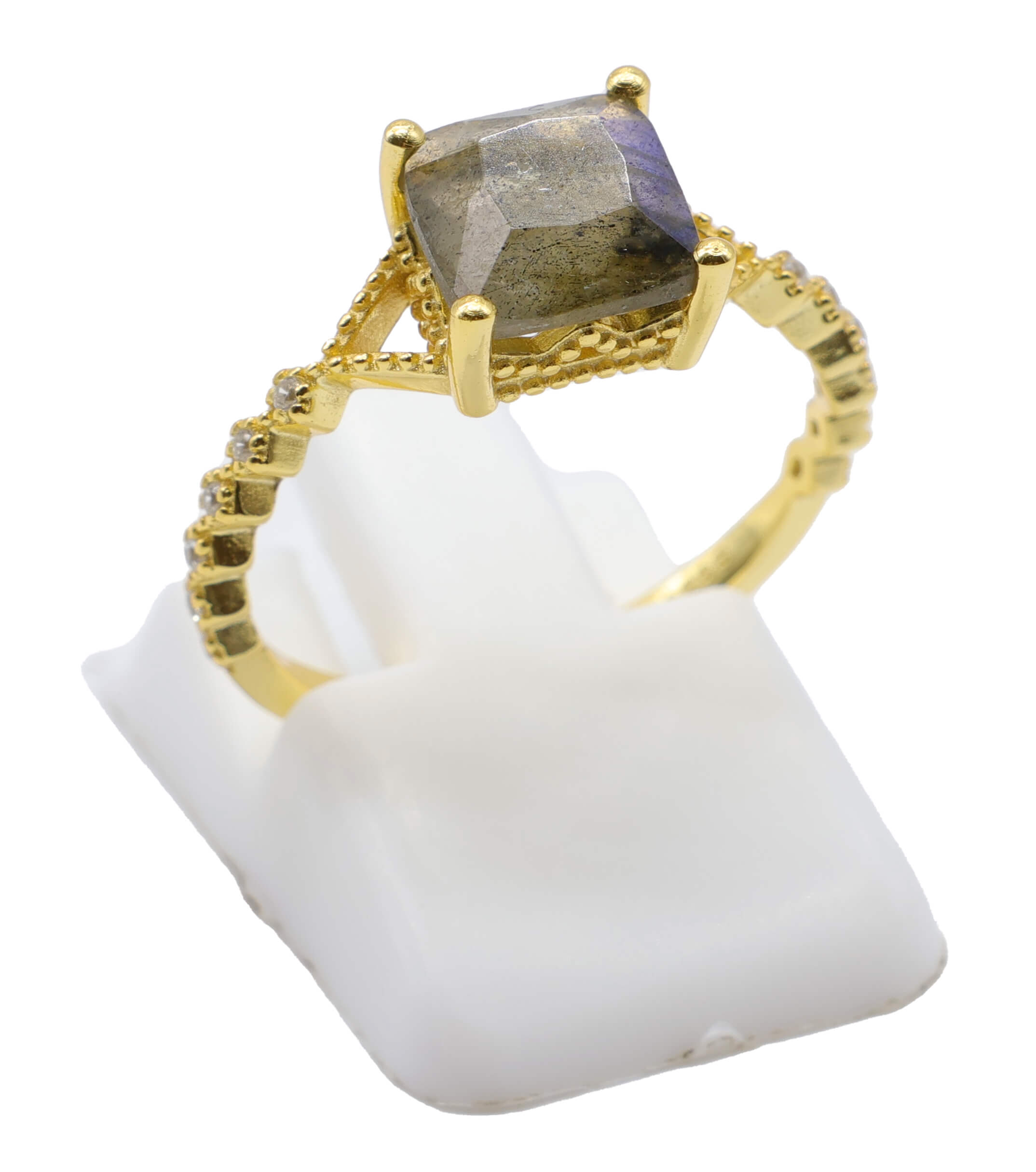 Bague Argent 925 Labradorite Carrée - Plaquage Or - Taille Universelle