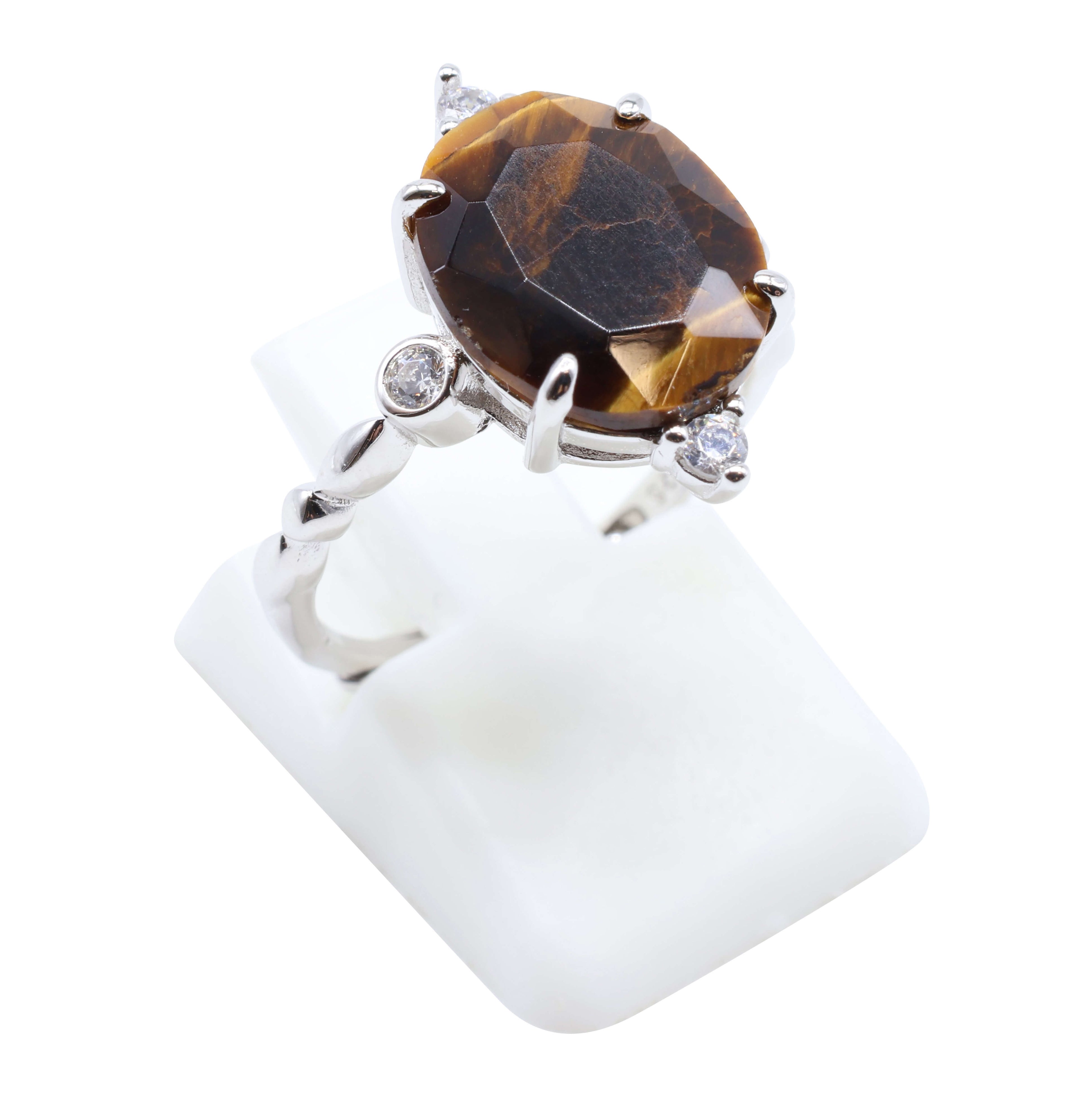 Bague Argent 925 Oeil de Tigre Ovale Impérial - Plaqué Platine - Taille Réglable