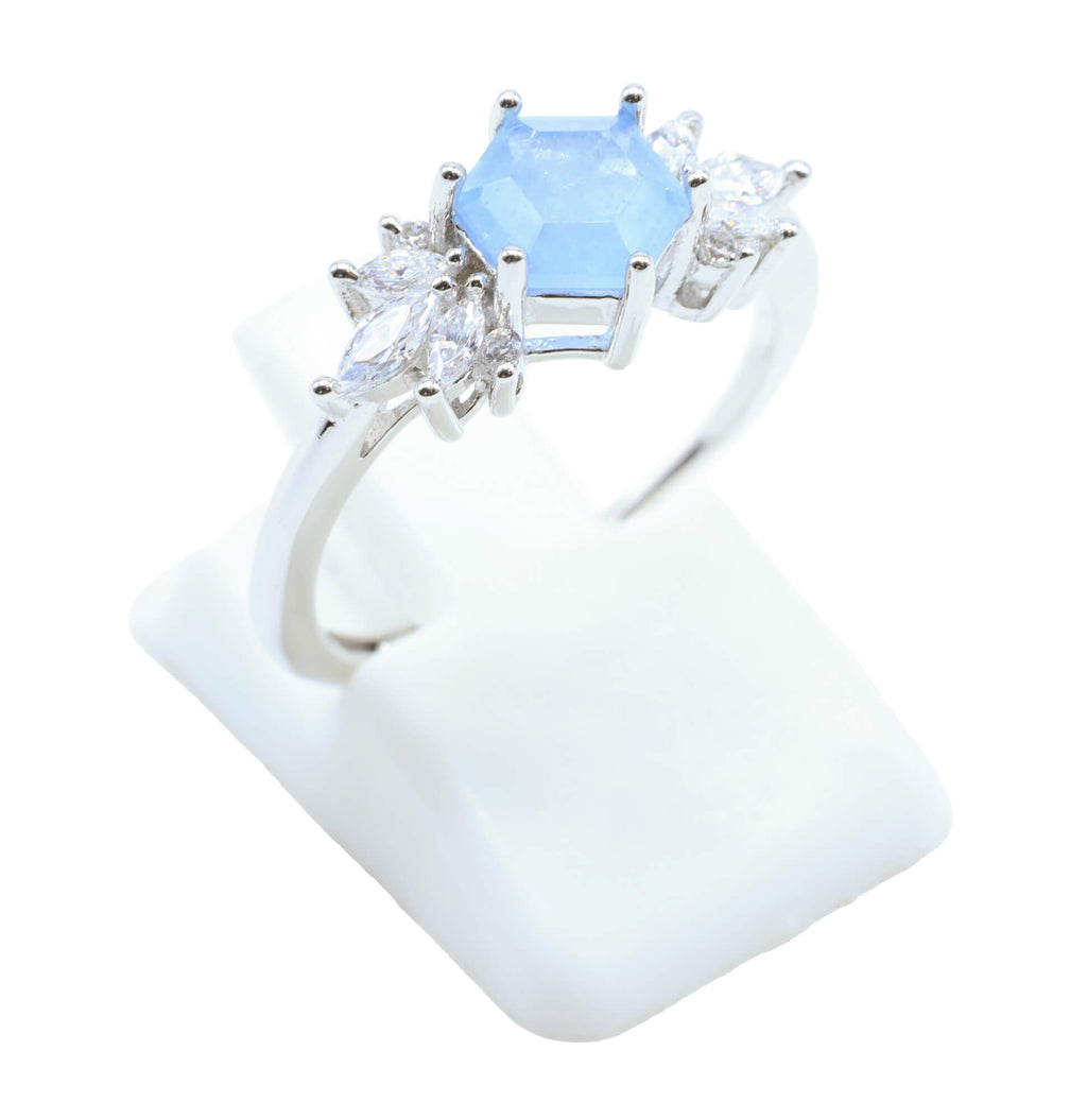 Bague Argent 925 'Flocon d'Argent' - Aigue Marine - Plaqué Platine - Taille Réglable