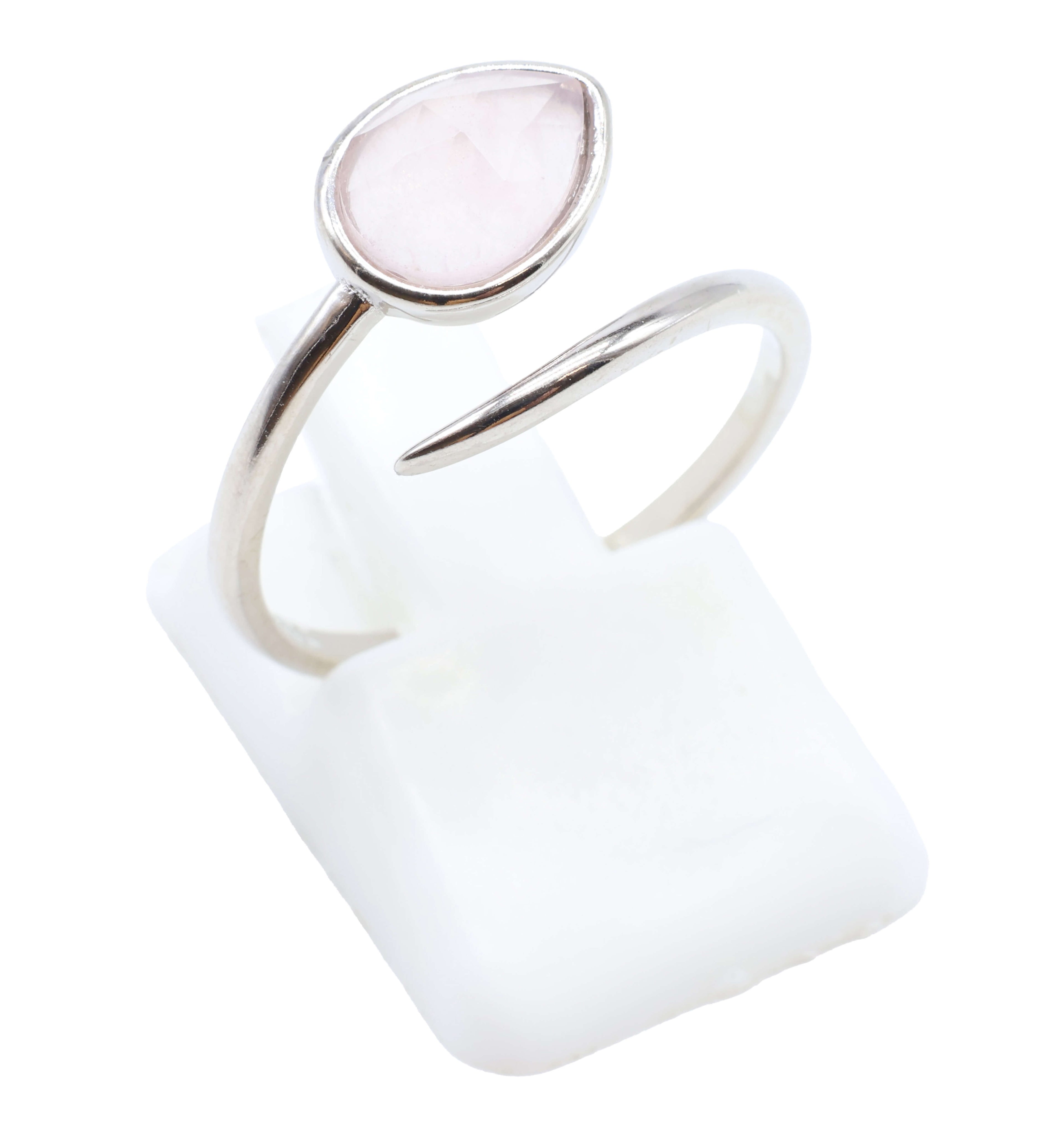 Bague Argent 925 'Serpent Argenté' - Quartz Rose - Plaqué Platine - Taille Réglable