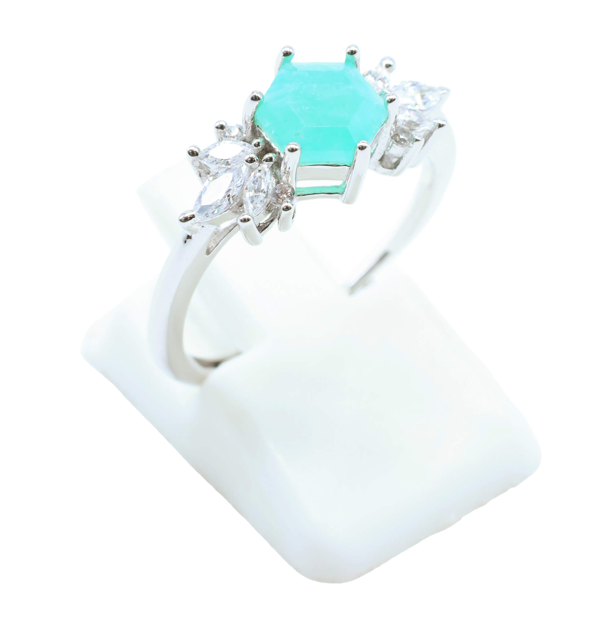 Bague Argent 925 'Flocon d'Argent' - Amazonite - Plaqué Platine - Taille Réglable