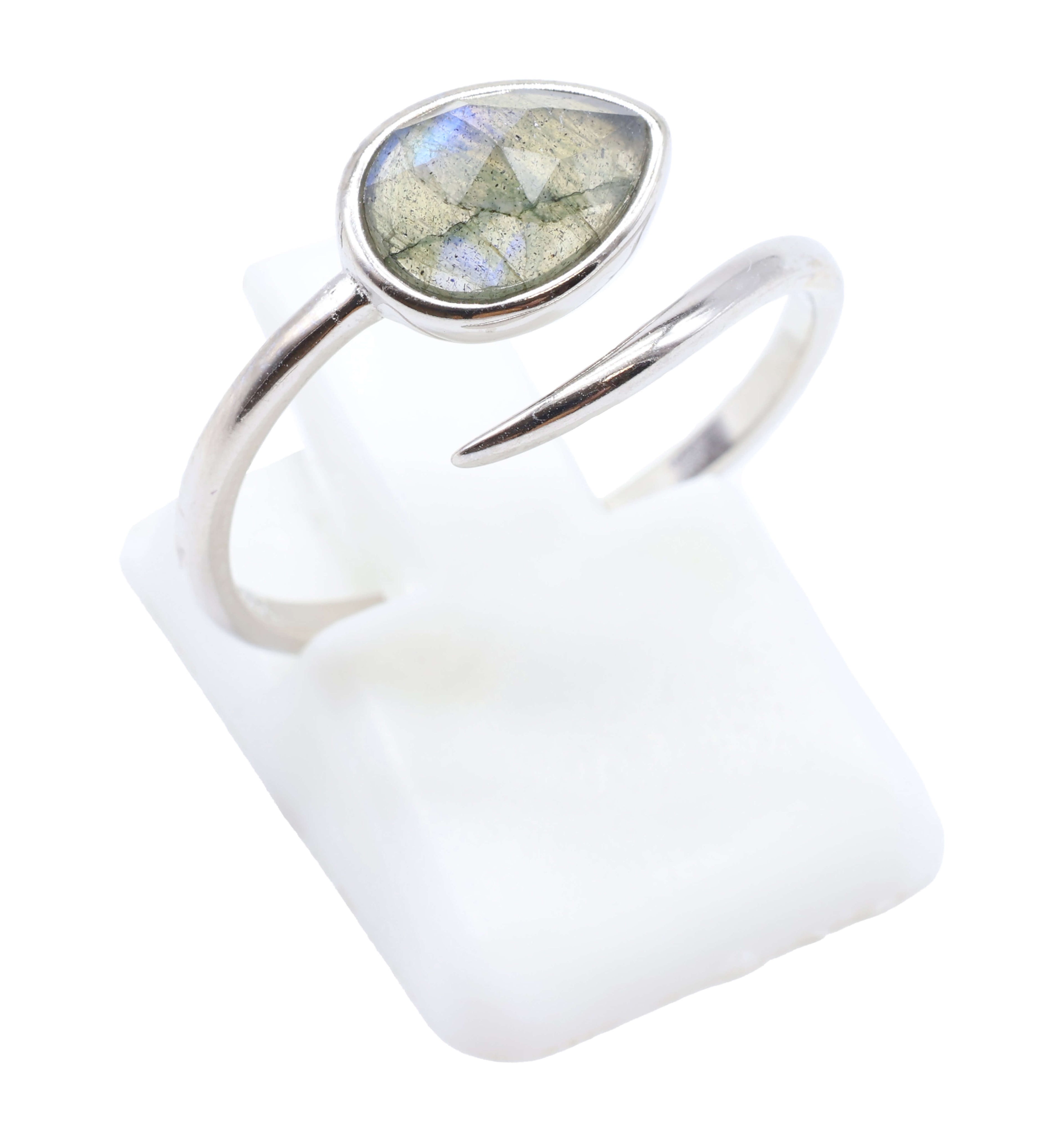 Bague Argent 925 'Serpent Argenté' - Labradorite - Plaqué Platine - Taille Réglable