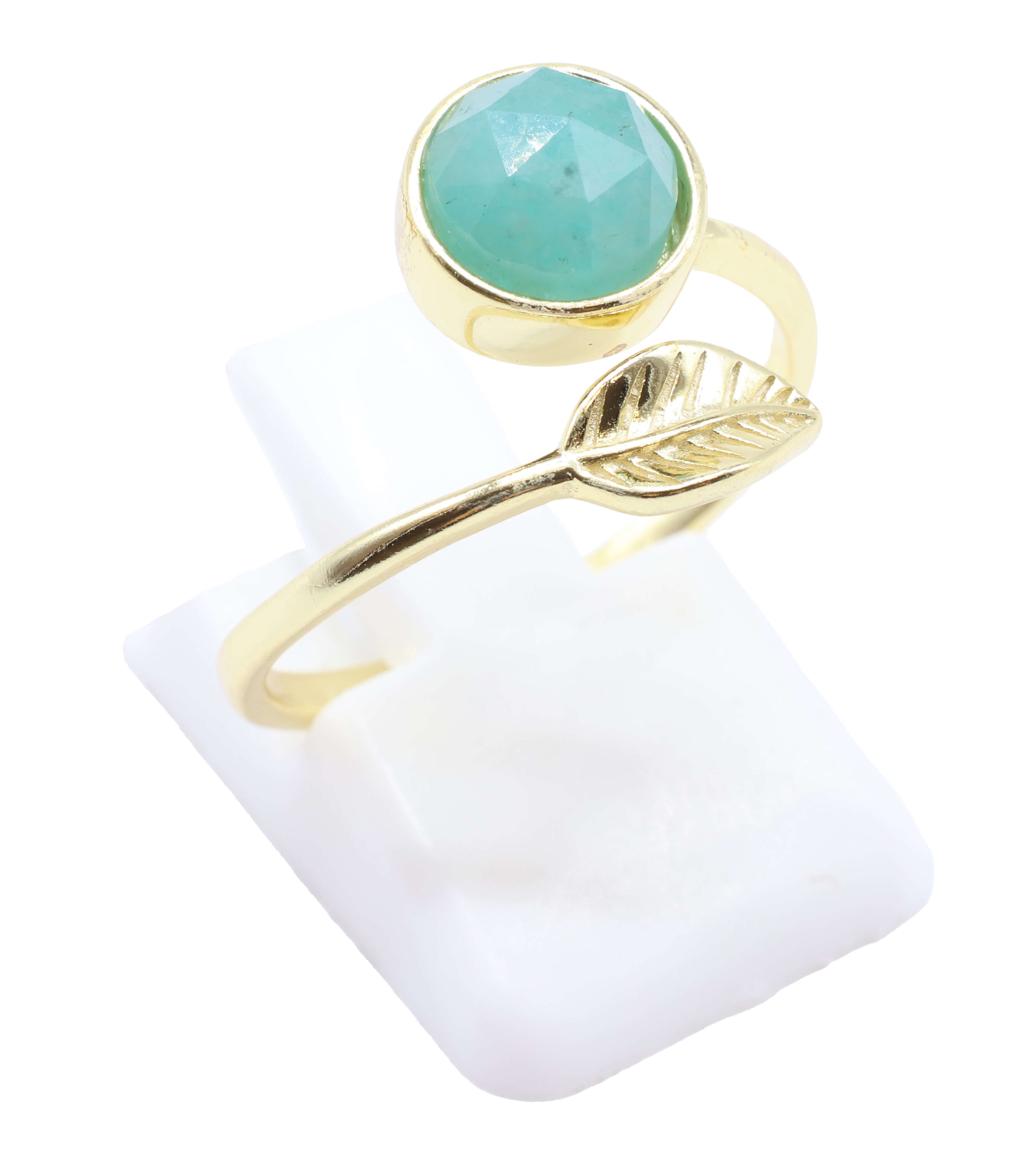Bague Argent 925 'Feuille d'Or' - Amazonite - Plaquage Or - Taille Réglable