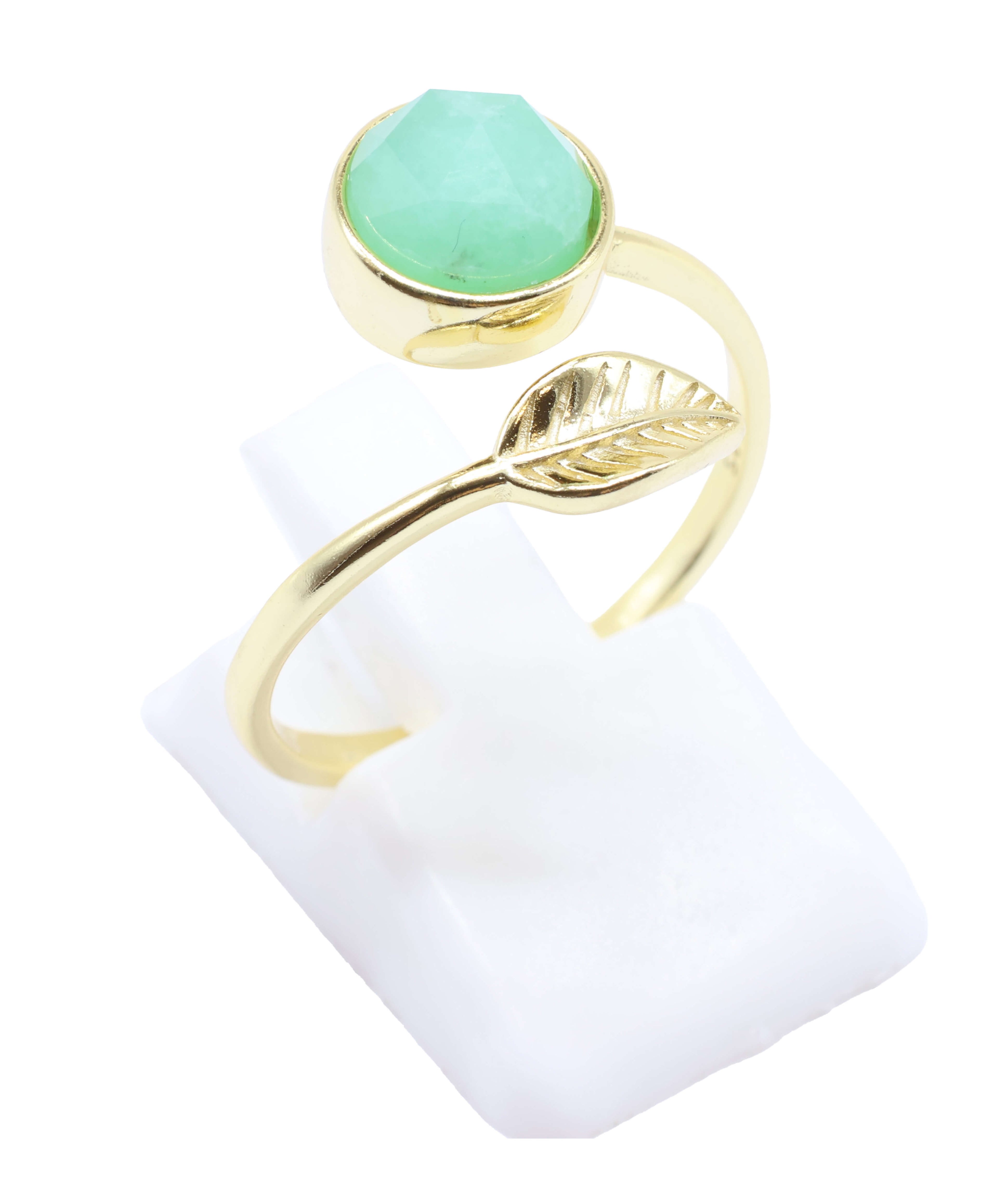 Bague Argent 925 'Feuille d'Or' - Jade Vert - Plaquage Or - Taille Réglable