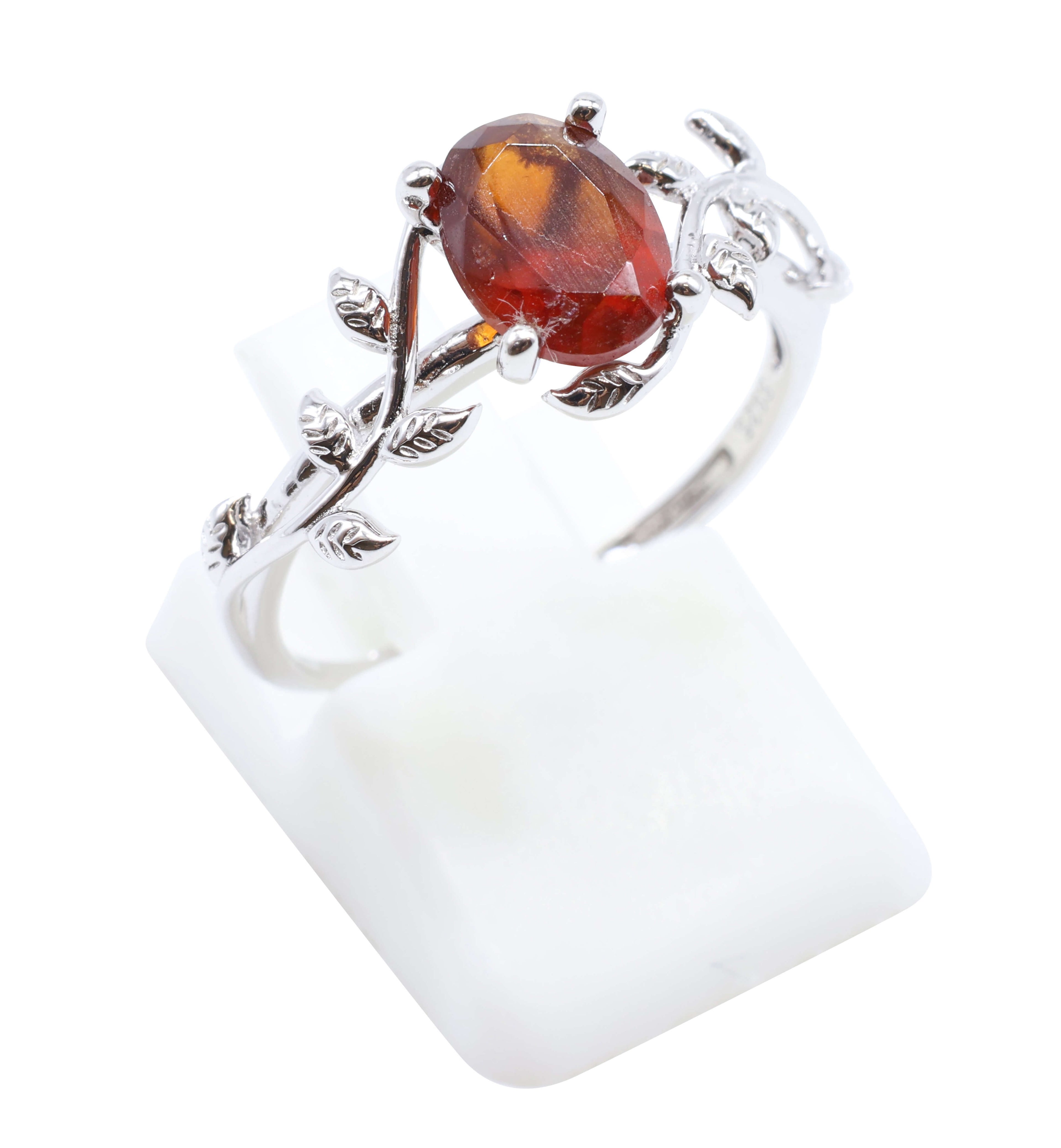 Bague Argent 925 'Murmure de Laurier' - Grenat - Plaqué Platine - Taille Réglable