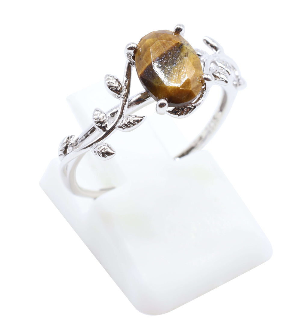 Bague Argent 925 'Murmure de Laurier' - Oeil de Tigre - Plaqué Platine - Taille Réglable