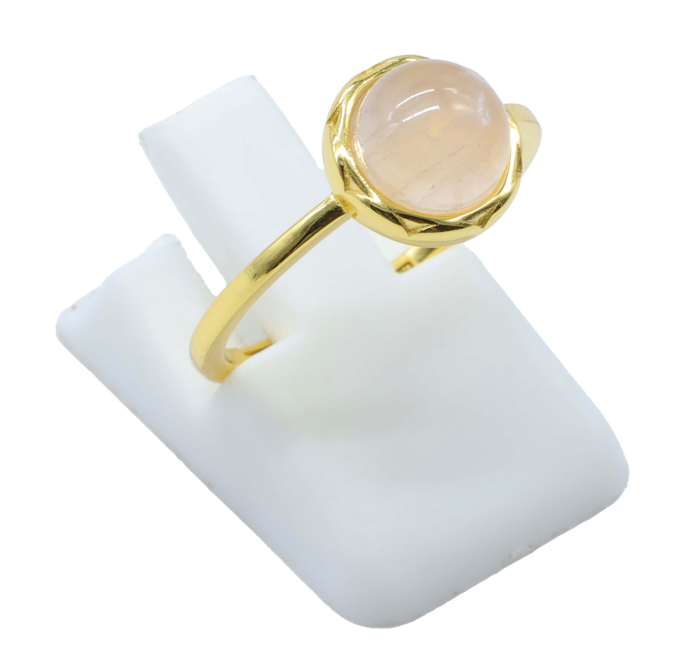 Bague Argent 925 Quartz Rose Ronde - Plaquage Or - Taille Universelle