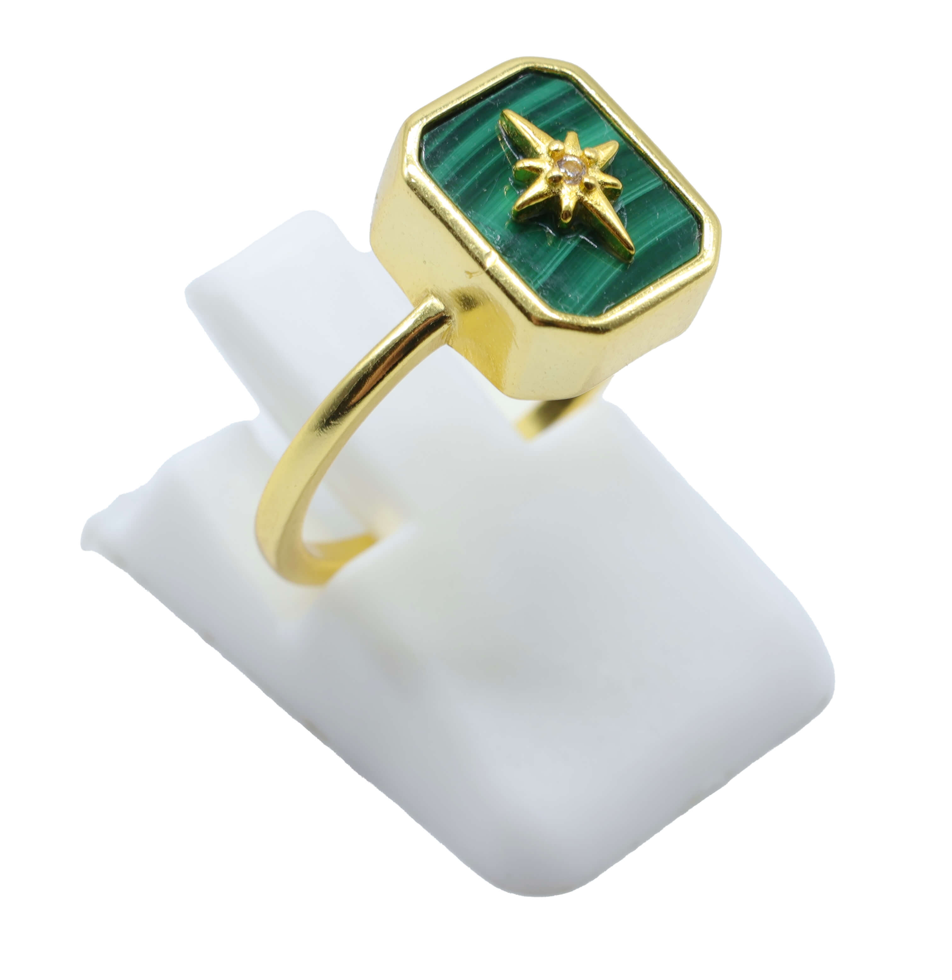 Bague Argent 925 Malachite Rectangle + Charme - Plaquage Or - Taille Universelle