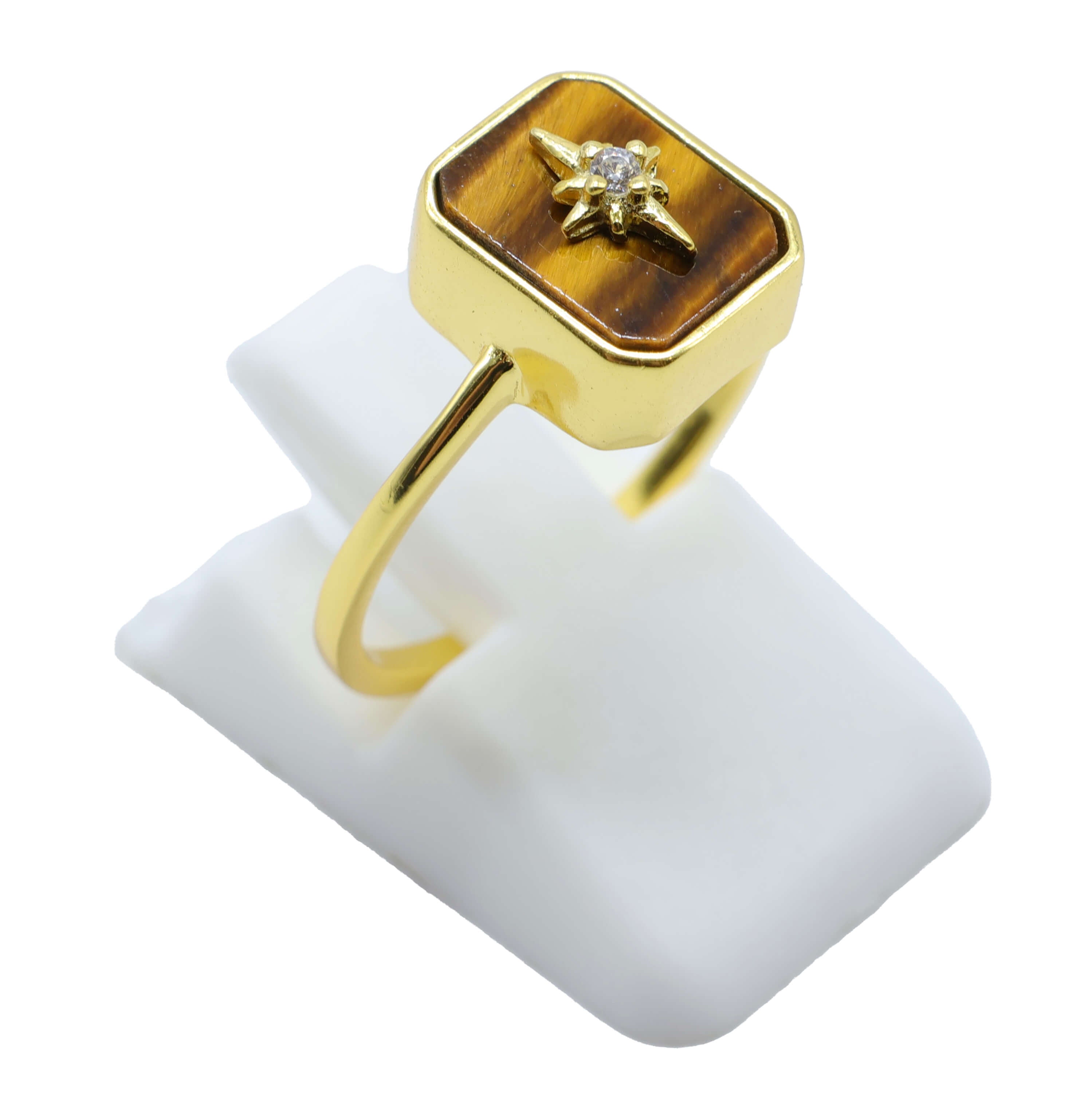 Bague Argent 925 Oeil de Tigre Rectangle + Charme - Plaquage Or - Taille Universelle