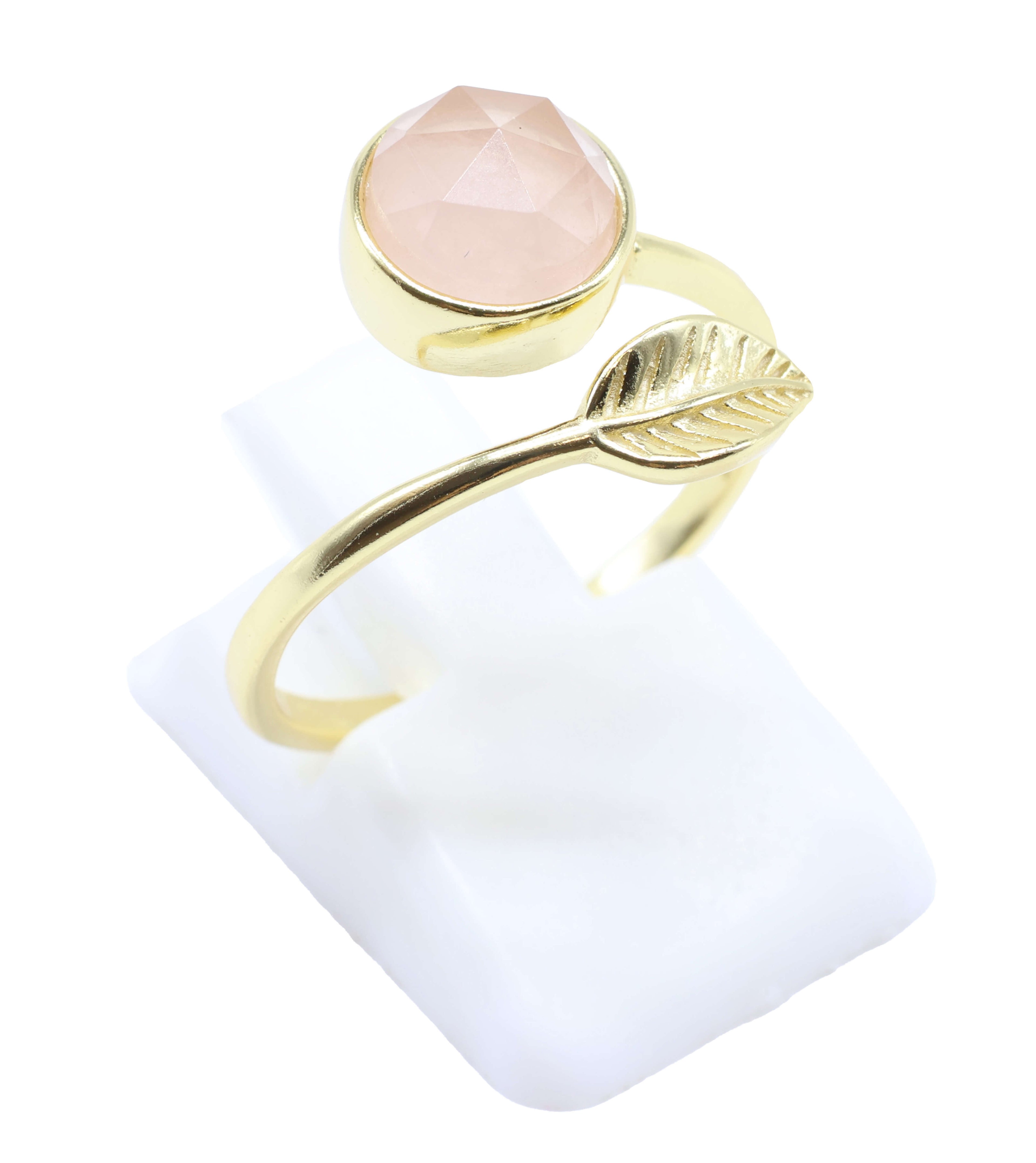 Bague Argent 925 'Feuille d'Or' - Quartz Rose - Plaquage Or - Taille Réglable