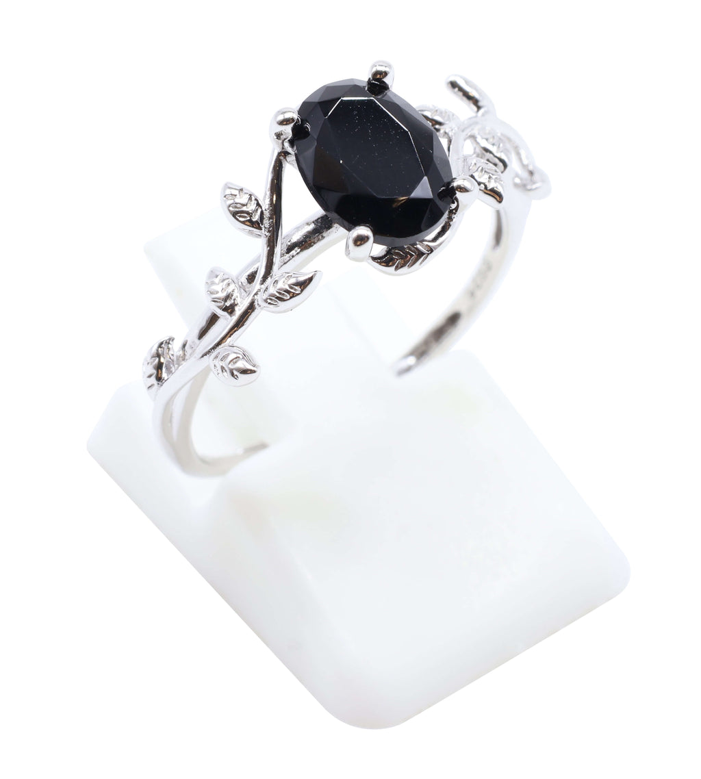 Bague Argent 925 'Murmure de Laurier' - Onyx - Plaqué Platine - Taille Réglable