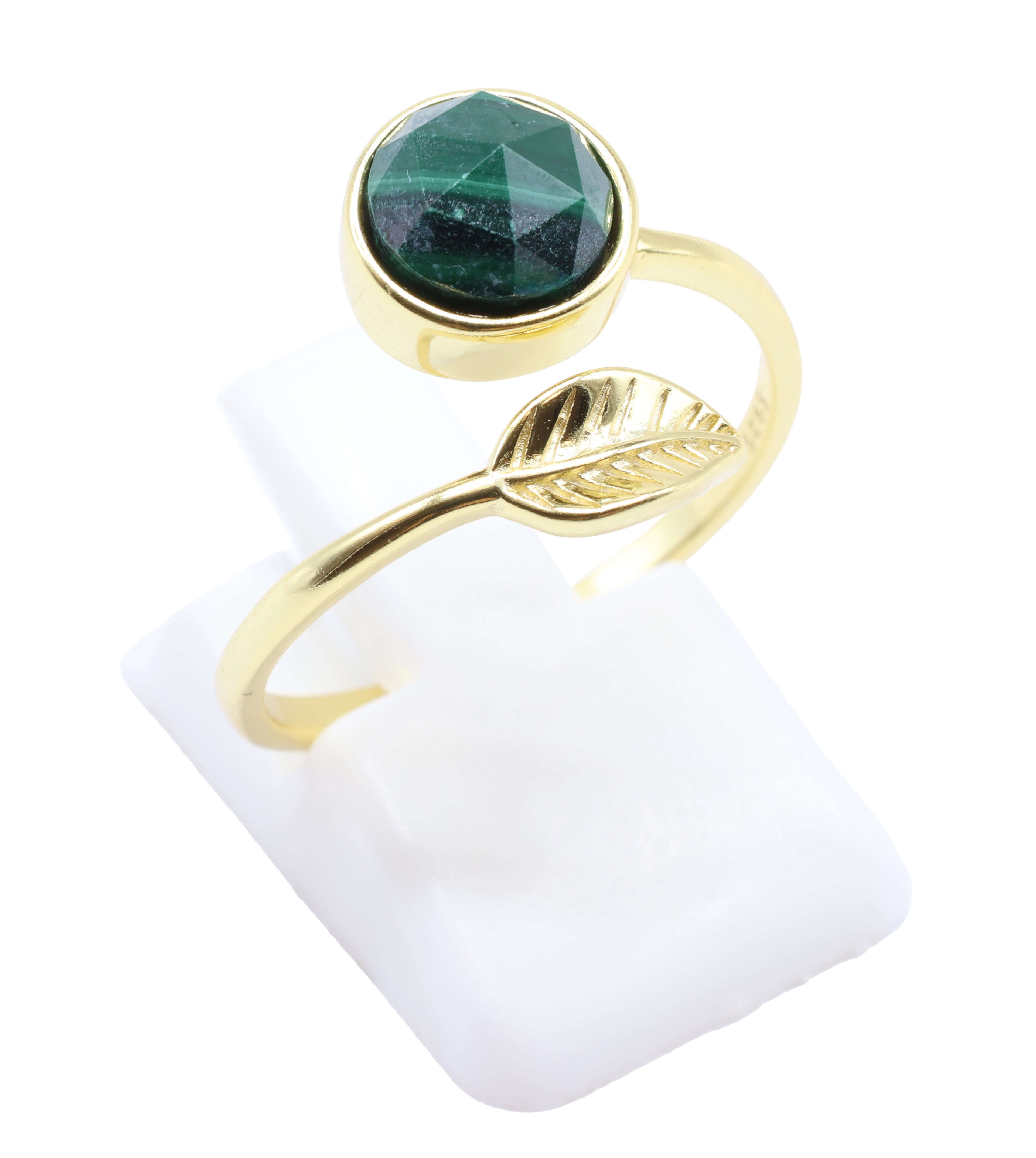 Bague Argent 925 'Feuille d'Or' - Malachite - Plaquage Or - Taille Réglable