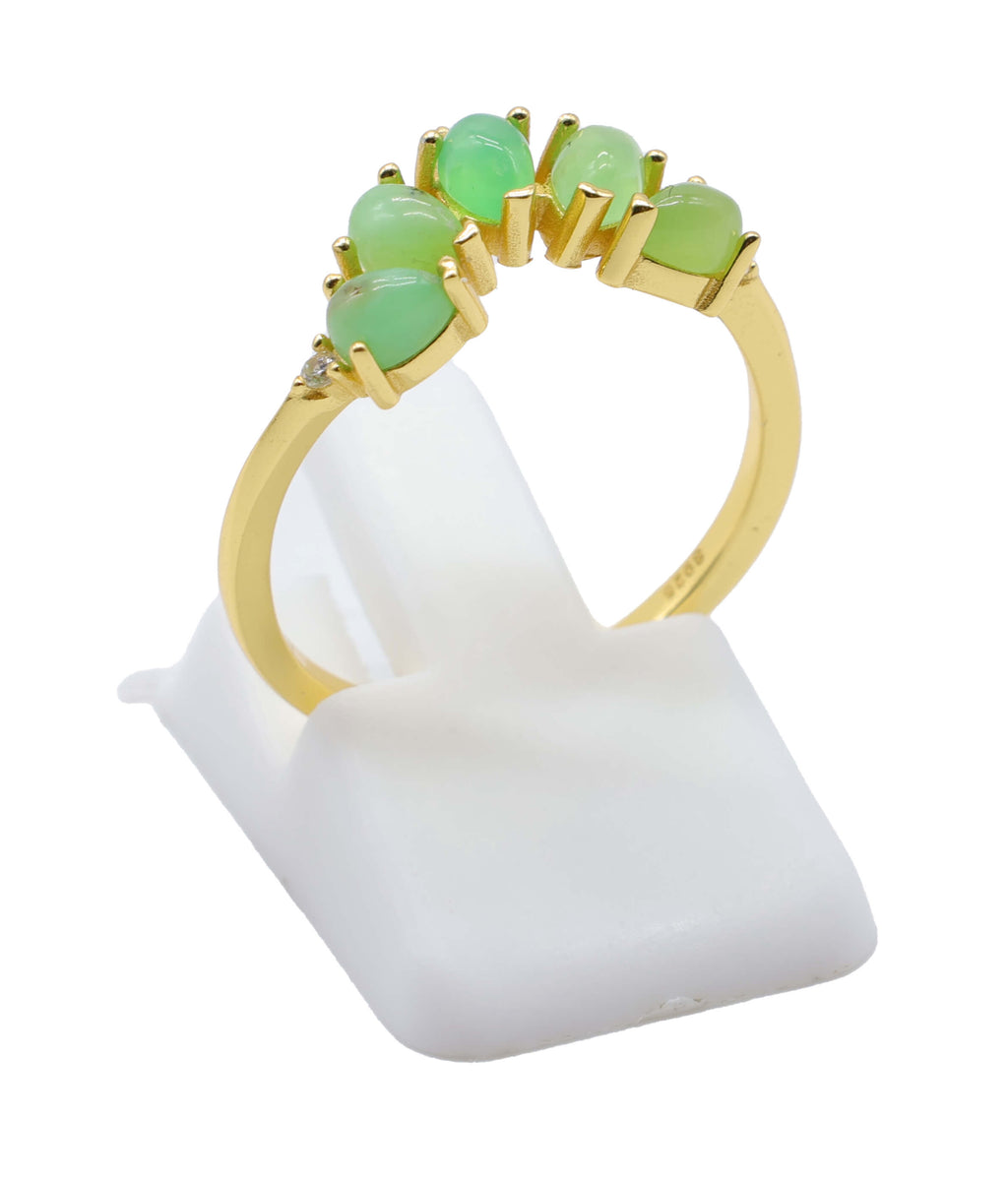 Bague Argent 925 Jade Verte Diadème - Plaquage Or - Taille Universelle