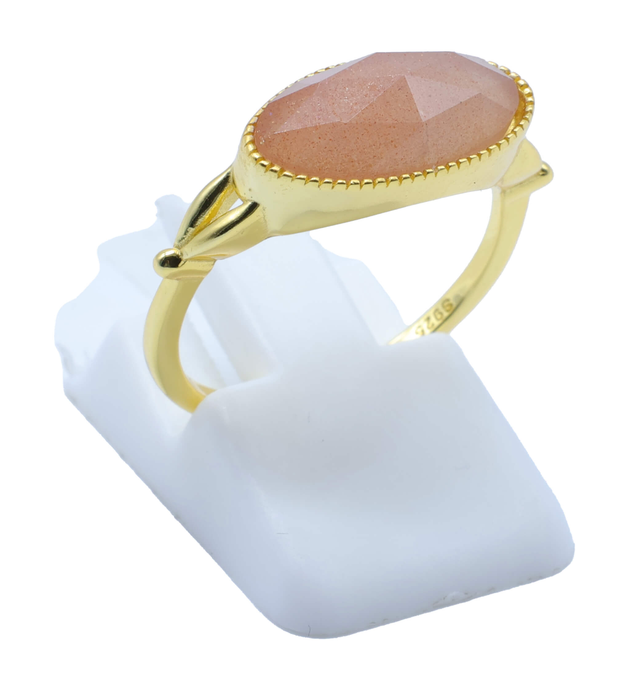 Bague Argent 925 Pierre de Soleil Ovale - Plaquage Or - Taille Universelle