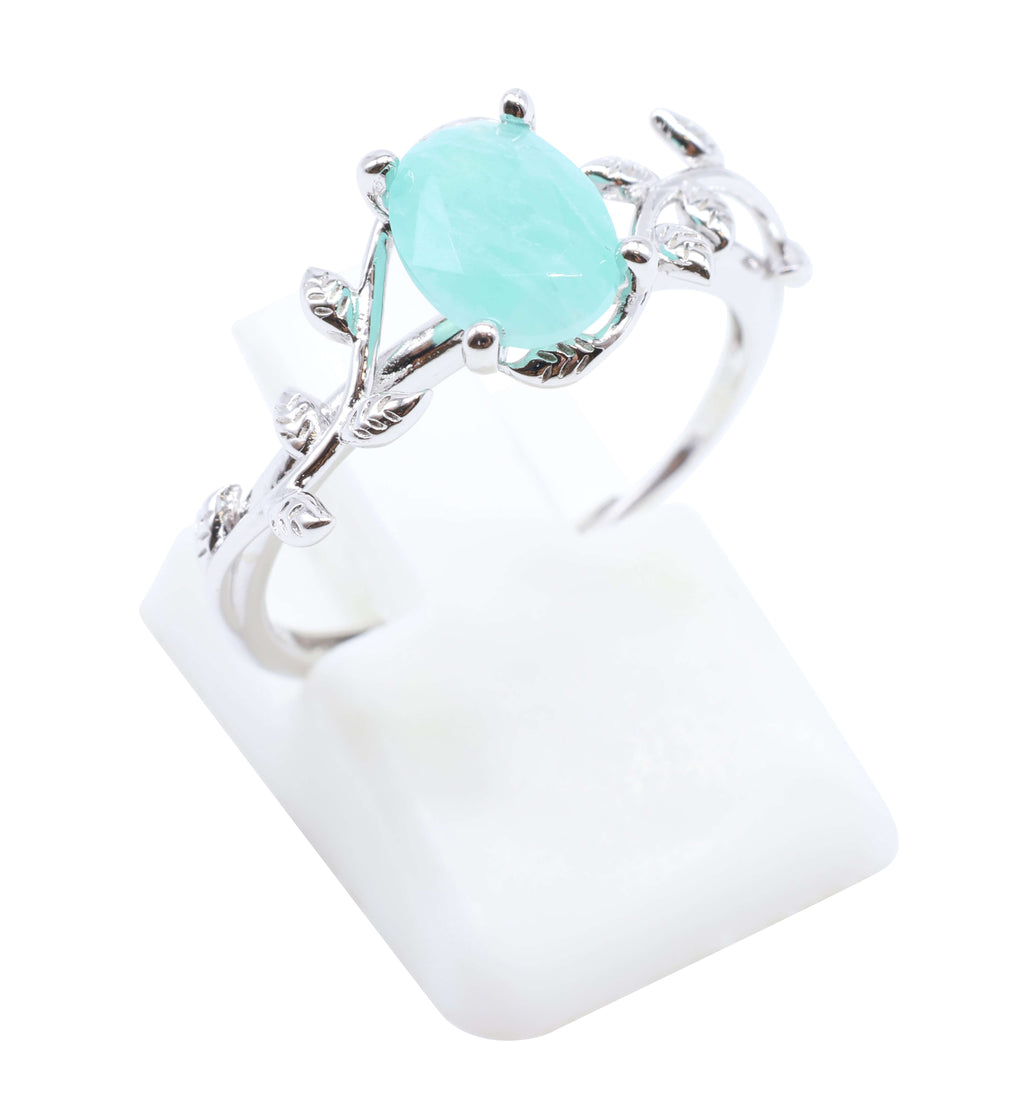 Bague Argent 925 'Murmure de Laurier' - Amazonite - Plaqué Platine - Taille Réglable
