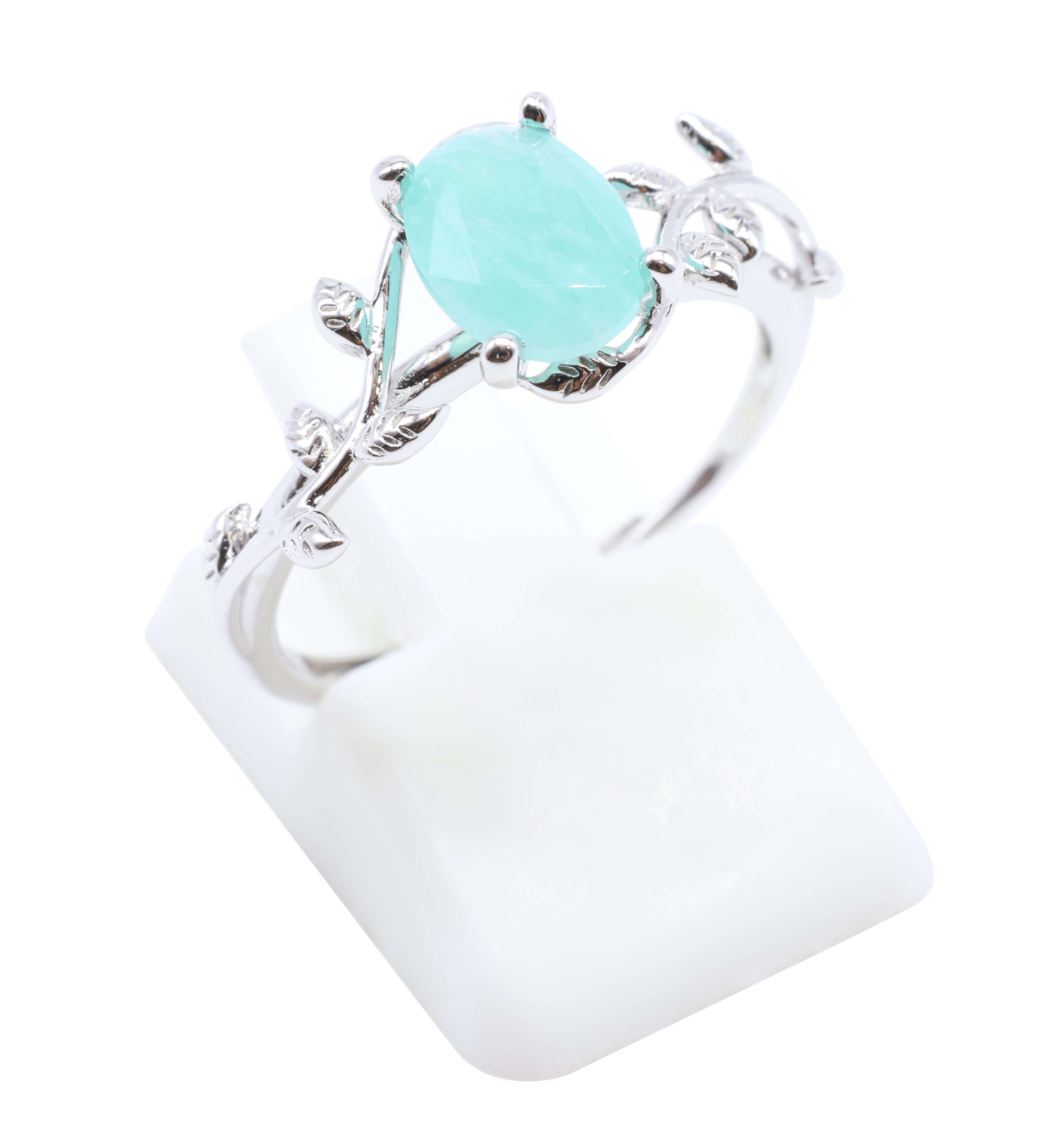 Bague Argent 925 'Murmure de Laurier' - Amazonite - Plaqué Platine - Taille Réglable