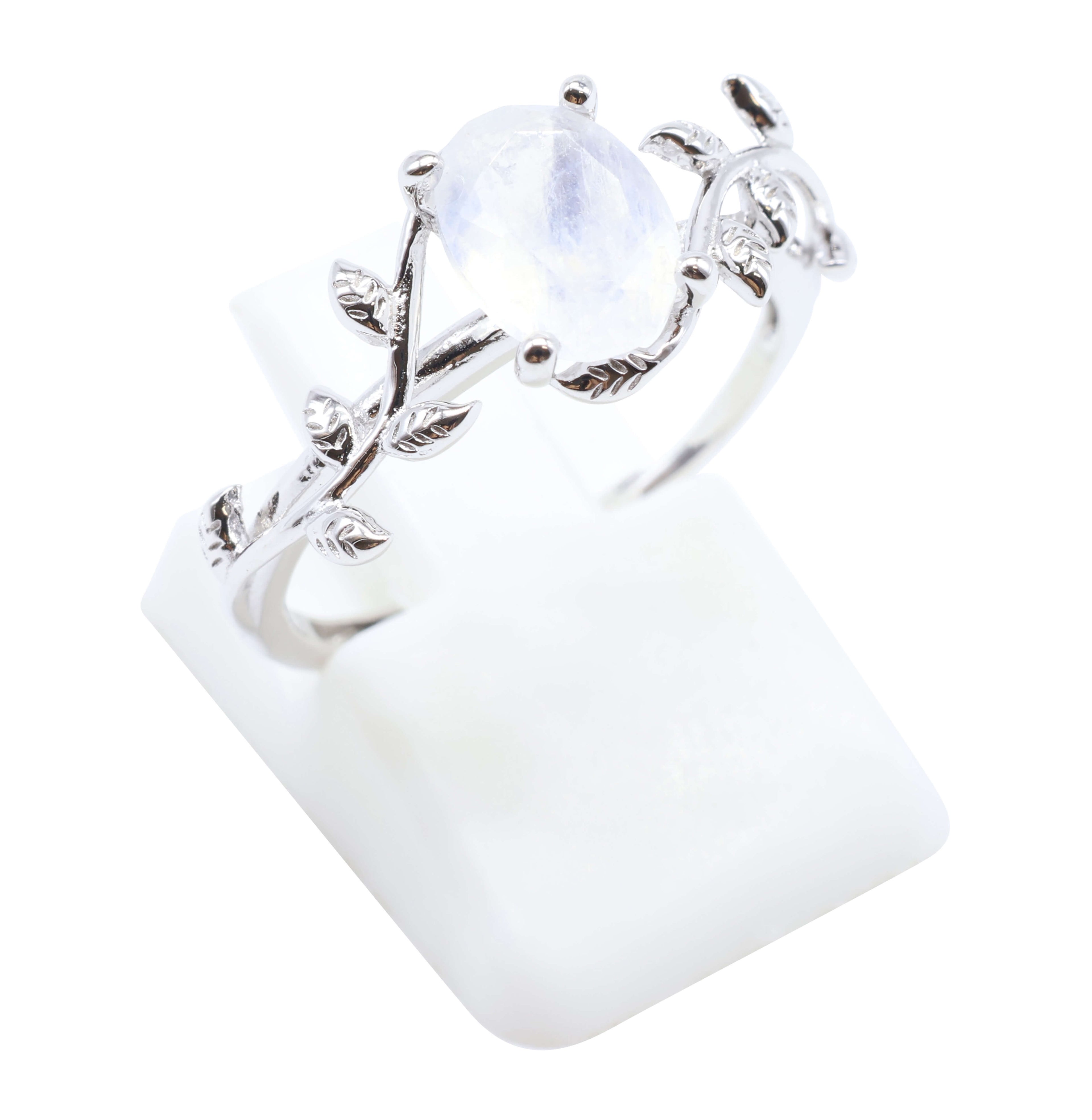 Bague Argent 925 'Murmure de Laurier' - Pierre de Lune - Plaqué Platine - Taille Réglable